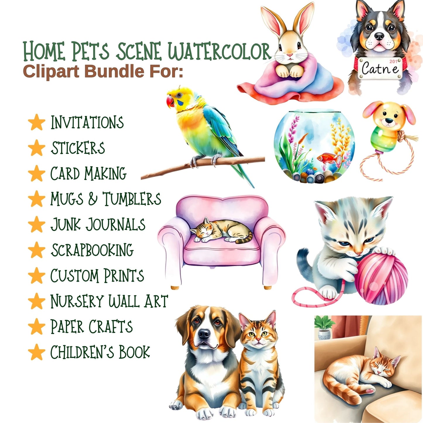 Home Pets Watercolor Clipart – 51 Pet PNG Bundle – Dogs, Cats, Bunnies & Fish for Nursery, Gifts & Sublimation