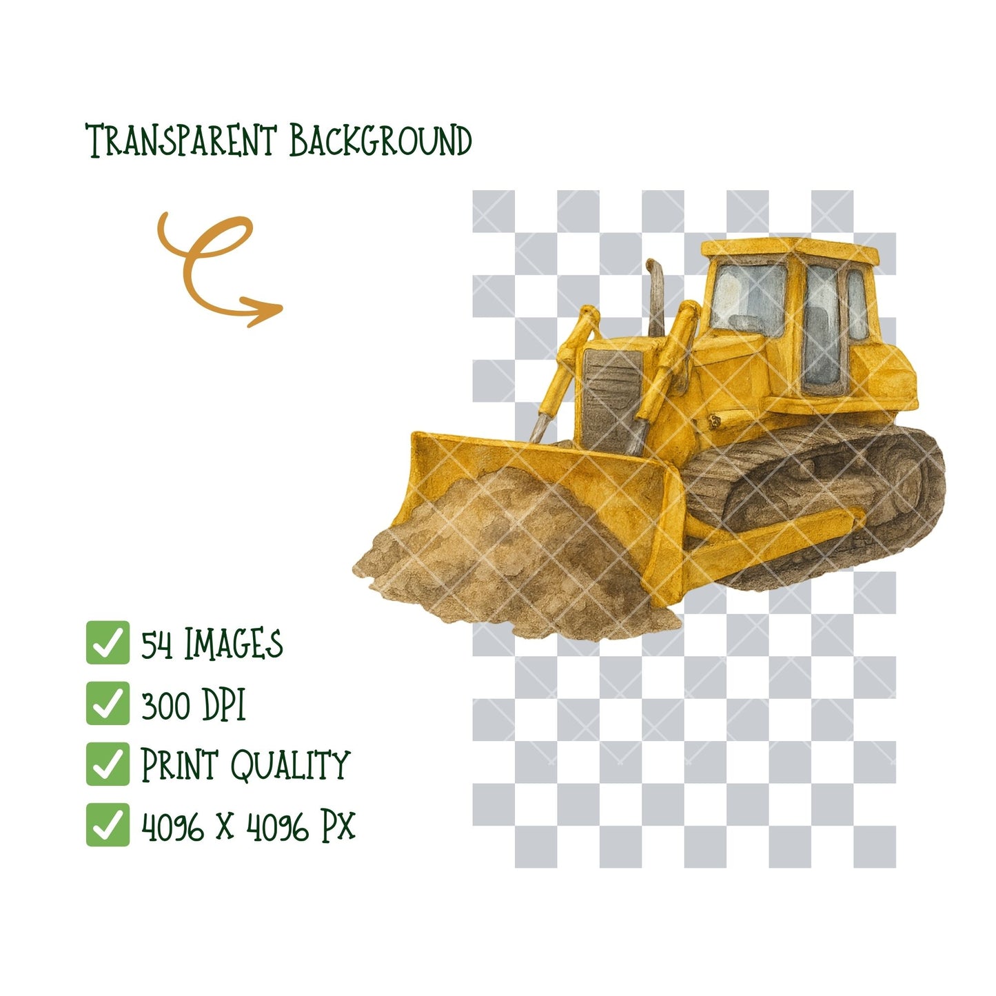 Construction Watercolor Clipart PNG | Construction Vehicles & Tools | Kids Construction Party Art | Builder Clipart | Commercial Use