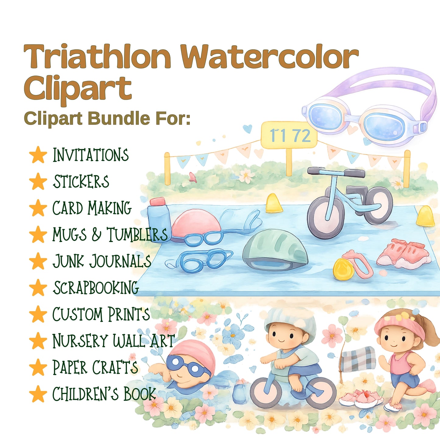 Triathlon Kids Watercolor Clipart Bundle – Sports Day PNG, Swimming Biking Running Art for Kids Crafts, Classroom & Printables, 52 PNG