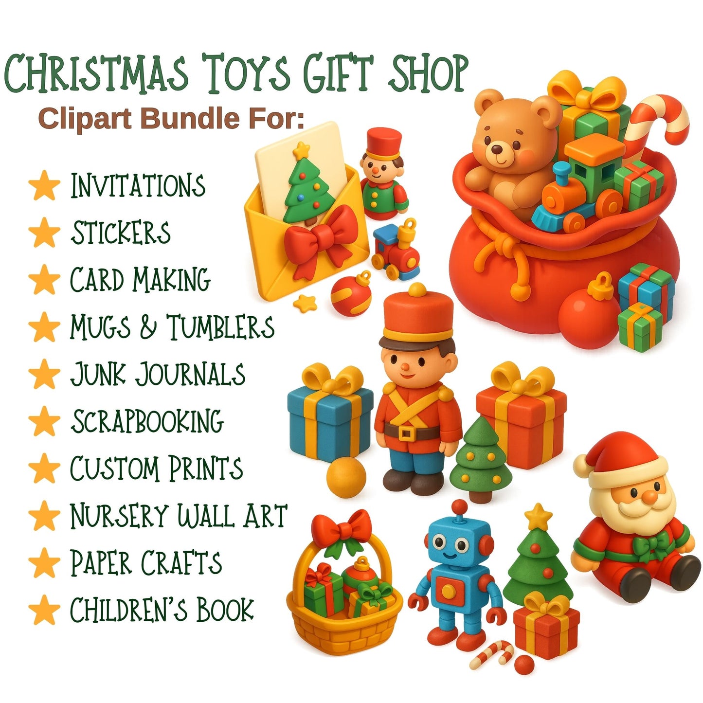 Christmas Toy Clipart Bundle – 3D Isometric Holiday PNG, Santa Toys, Gift Shop Clipart, Kids Christmas Graphics, 62 PNG Files