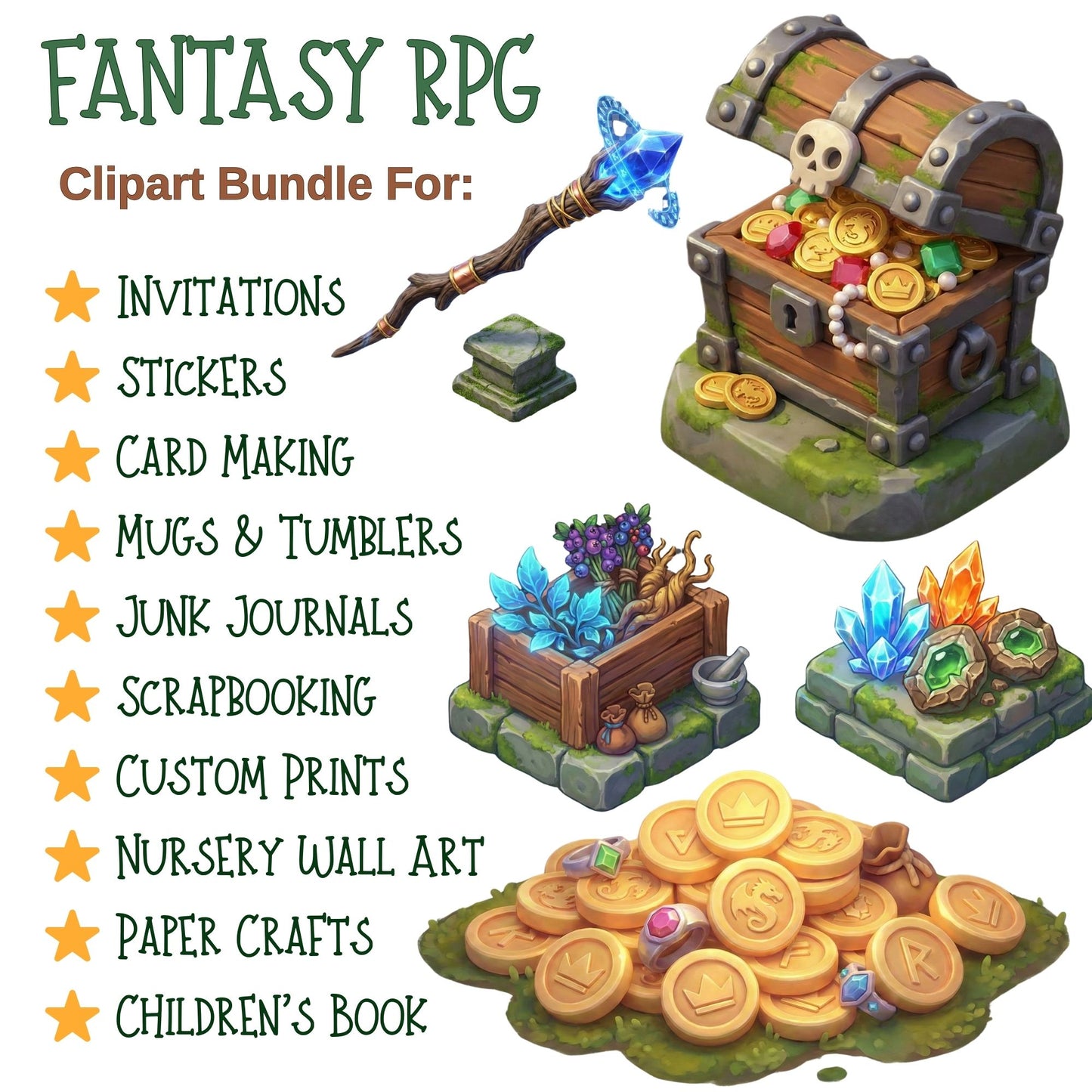 Fantasy RPG PNG Bundle – 50 Magic Game Assets | Potions, Scrolls, Spells, Weapons, Coins & Maps