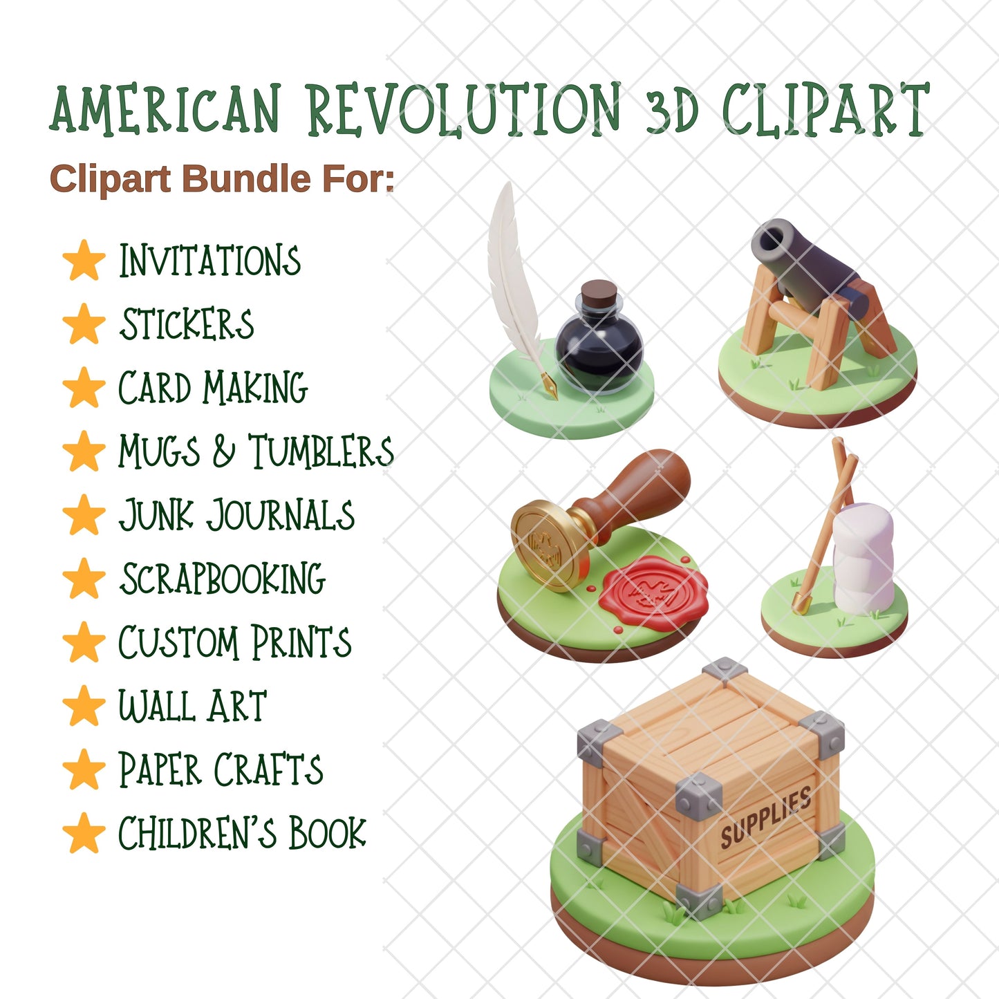 American Revolution 3D Clipart PNG Bundle – 60 Colonial War & Independence History Graphics