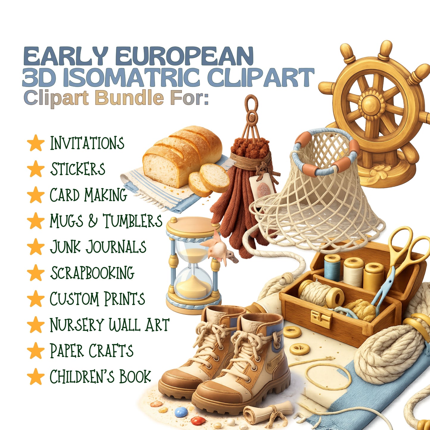 Early European Exploration 3D Clipart PNG Bundle – 55 Age of Discovery History Graphics for Classroom