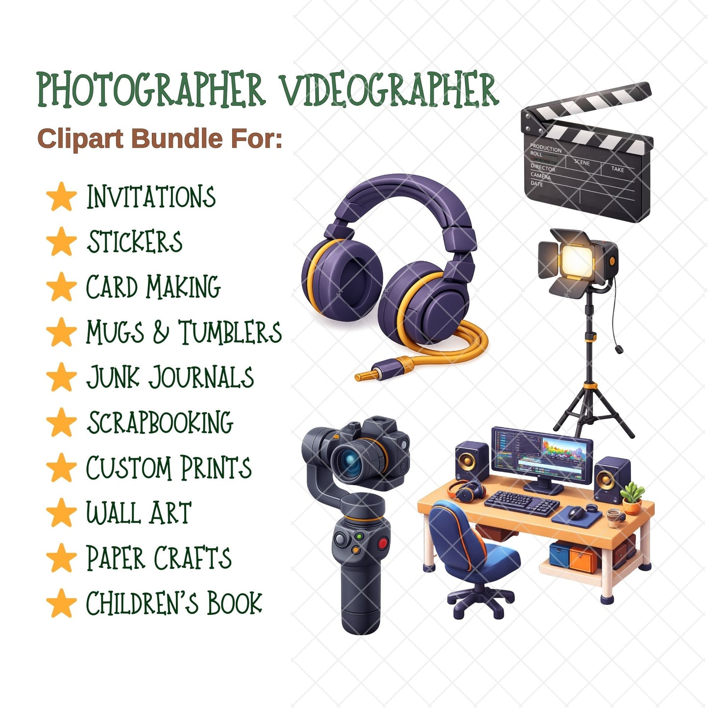 Photographer and Videographer PNG Clipart, Camera & Video Creator Graphics, Studio Equipment Art, Digital Stickers, Commercial Use, 50 PNG