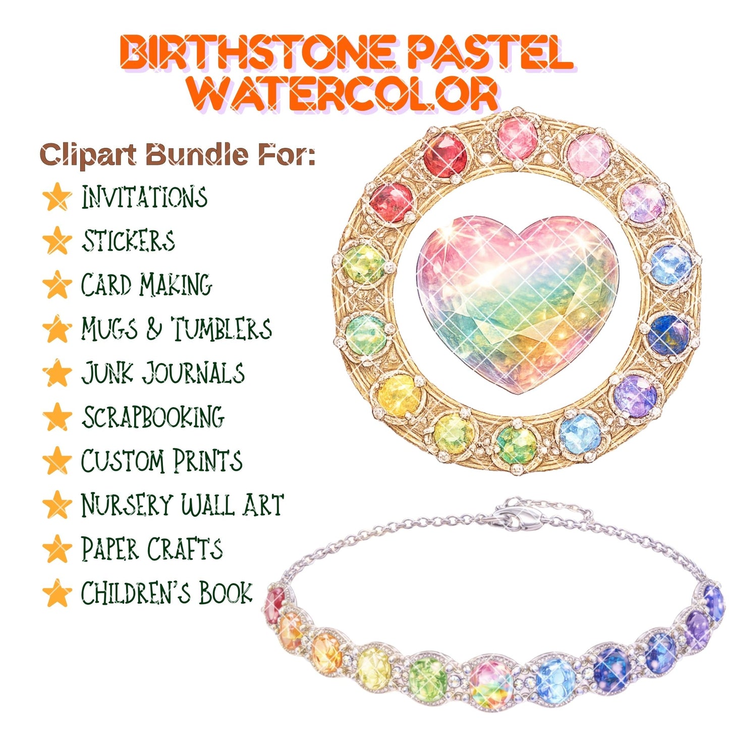 Birthstone Clipart – 55 Watercolor Gemstone PNG Files – Pastel Crystal Graphics for Zodiac & Jewelry Designs