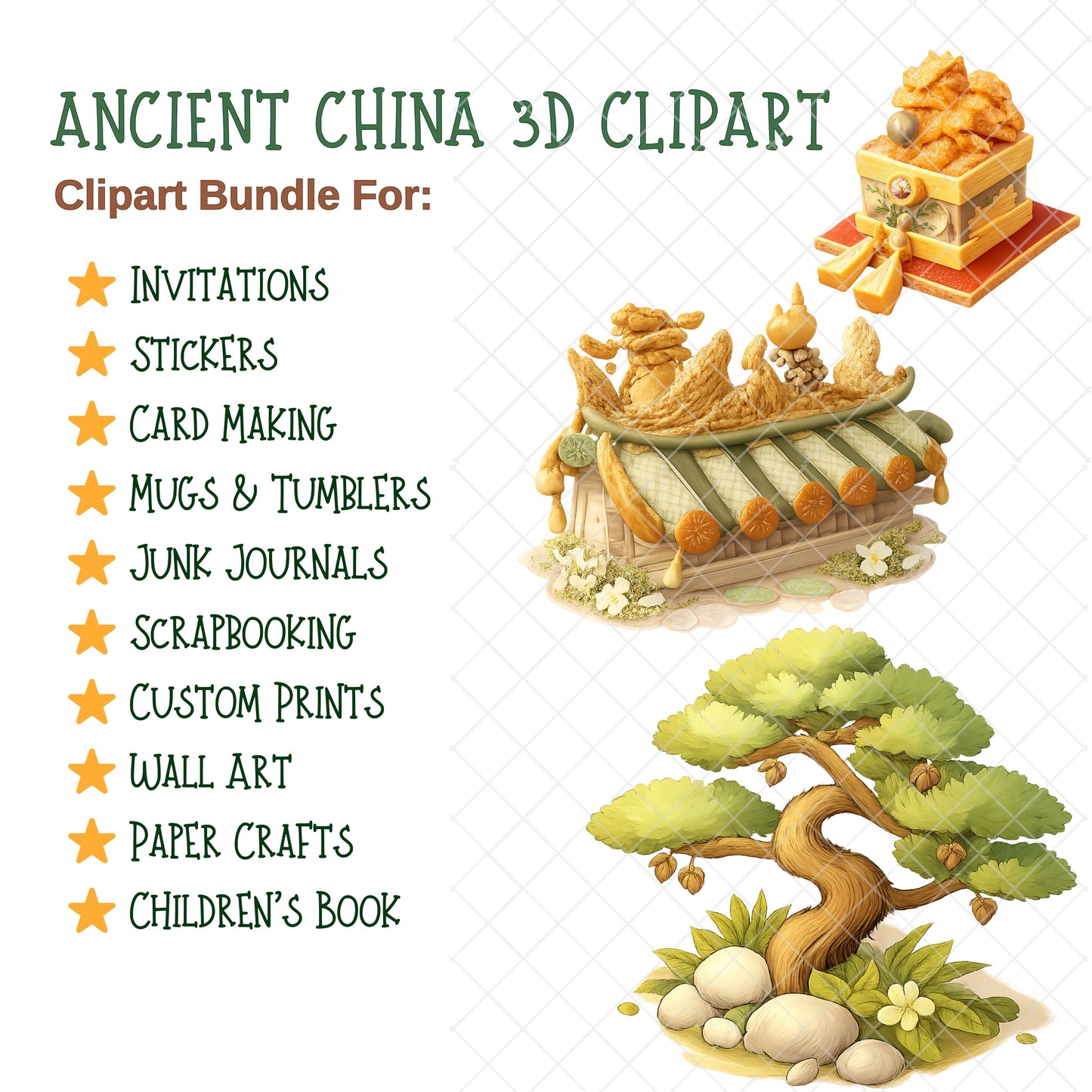Ancient China Clipart Bundle – 3D Historical Chinese PNG, Classroom & History Graphics, Culture & Traditions Art, 55 PNG