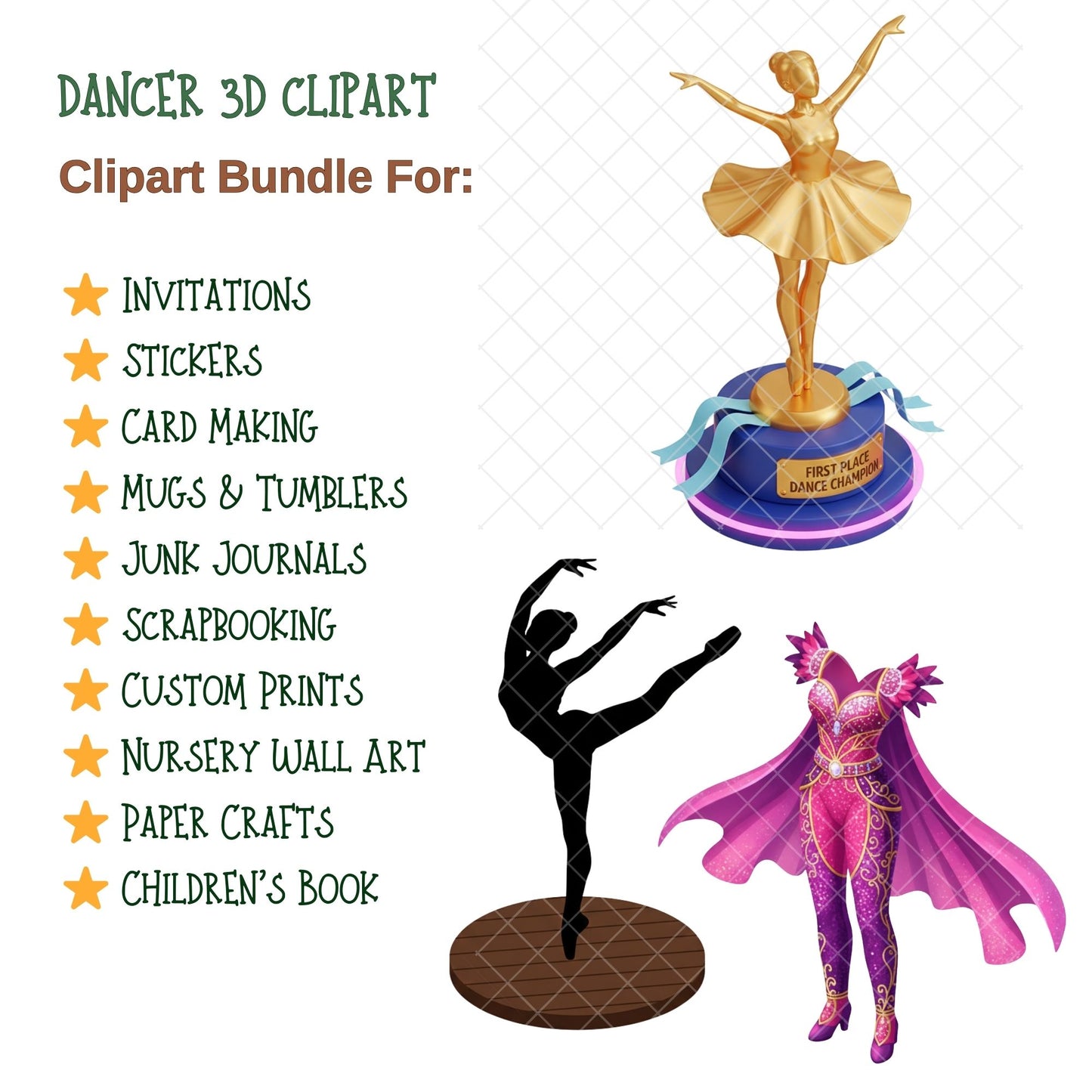 Dancer 3D Clipart Bundle – 50 Dance PNG Files – Ballet, Hip Hop, Salsa & Modern Dance Graphics