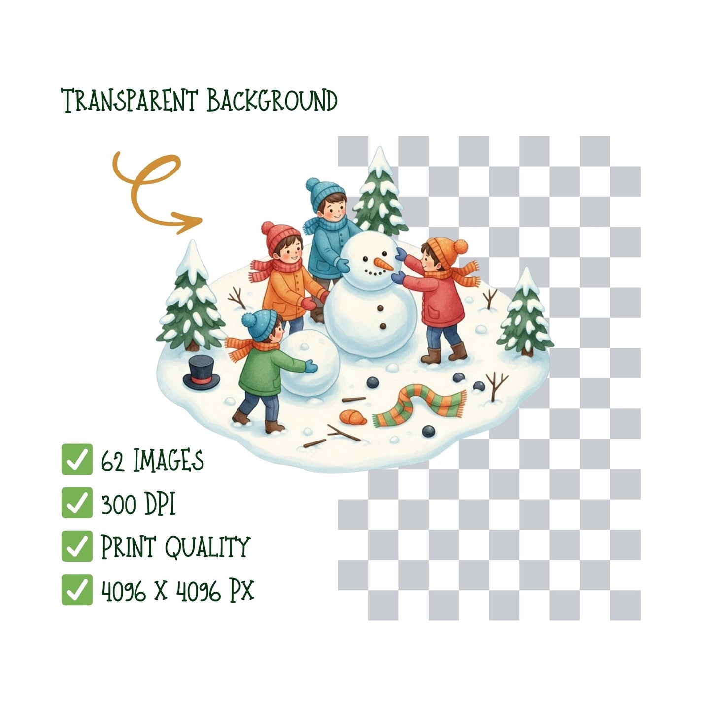 Winter Village Watercolor Clipart – Christmas Market PNG Set, Holiday Town Scene, Snowy Village Illustrations, 62 PNG Files