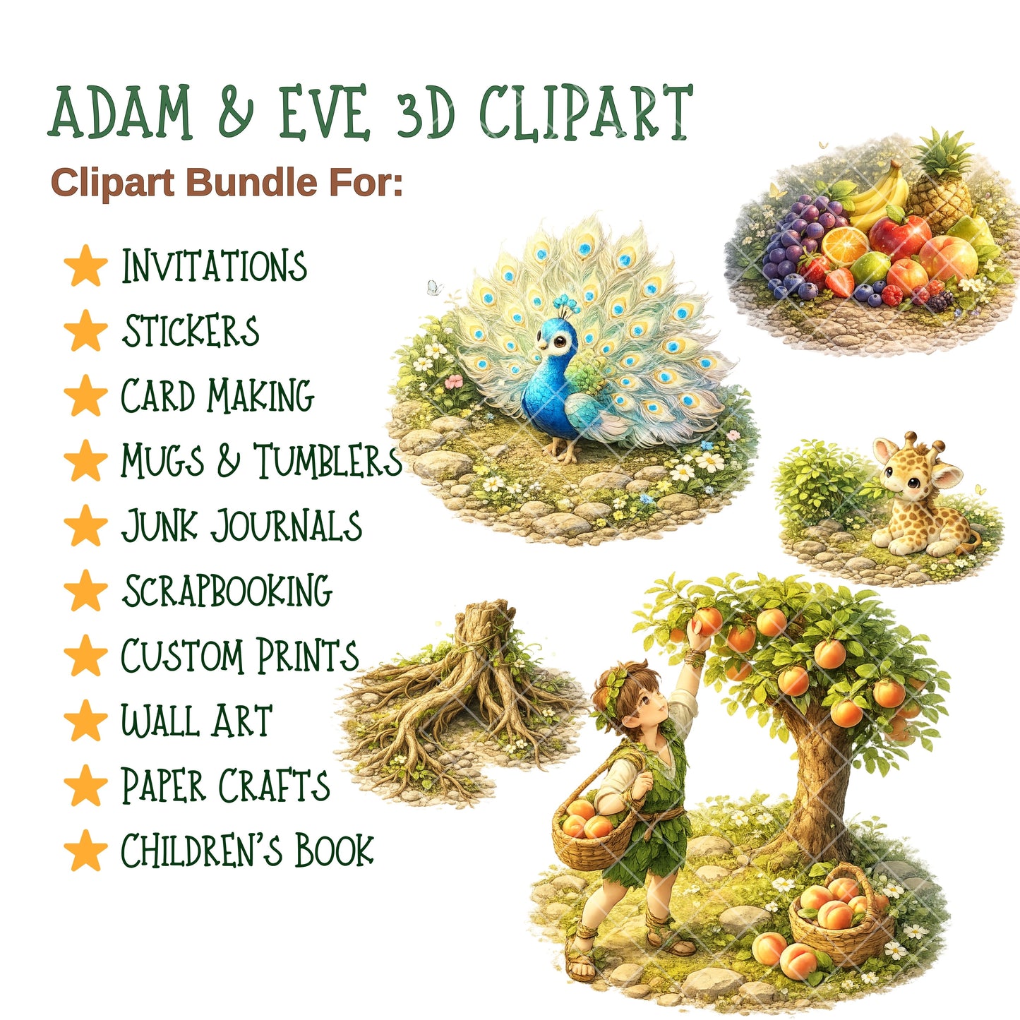 Adam and Eve 3D Clipart Set – 60 Garden of Eden Bible Story PNGs for Sunday School & Christian Crafts