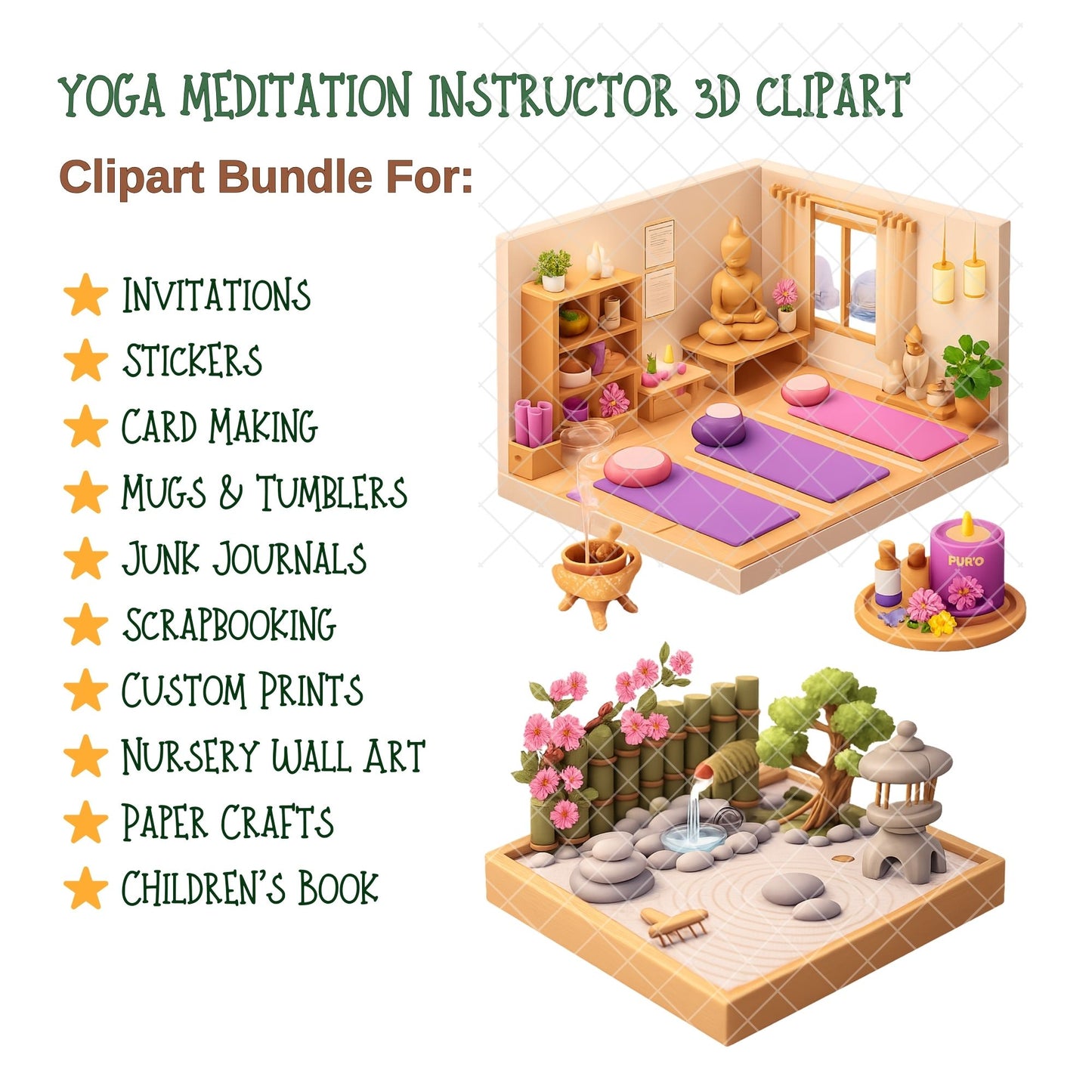 Yoga and Meditation Clipart – 45 Wellness PNG Files – 3D Yoga Poses, Planner Stickers & Instructor Graphics