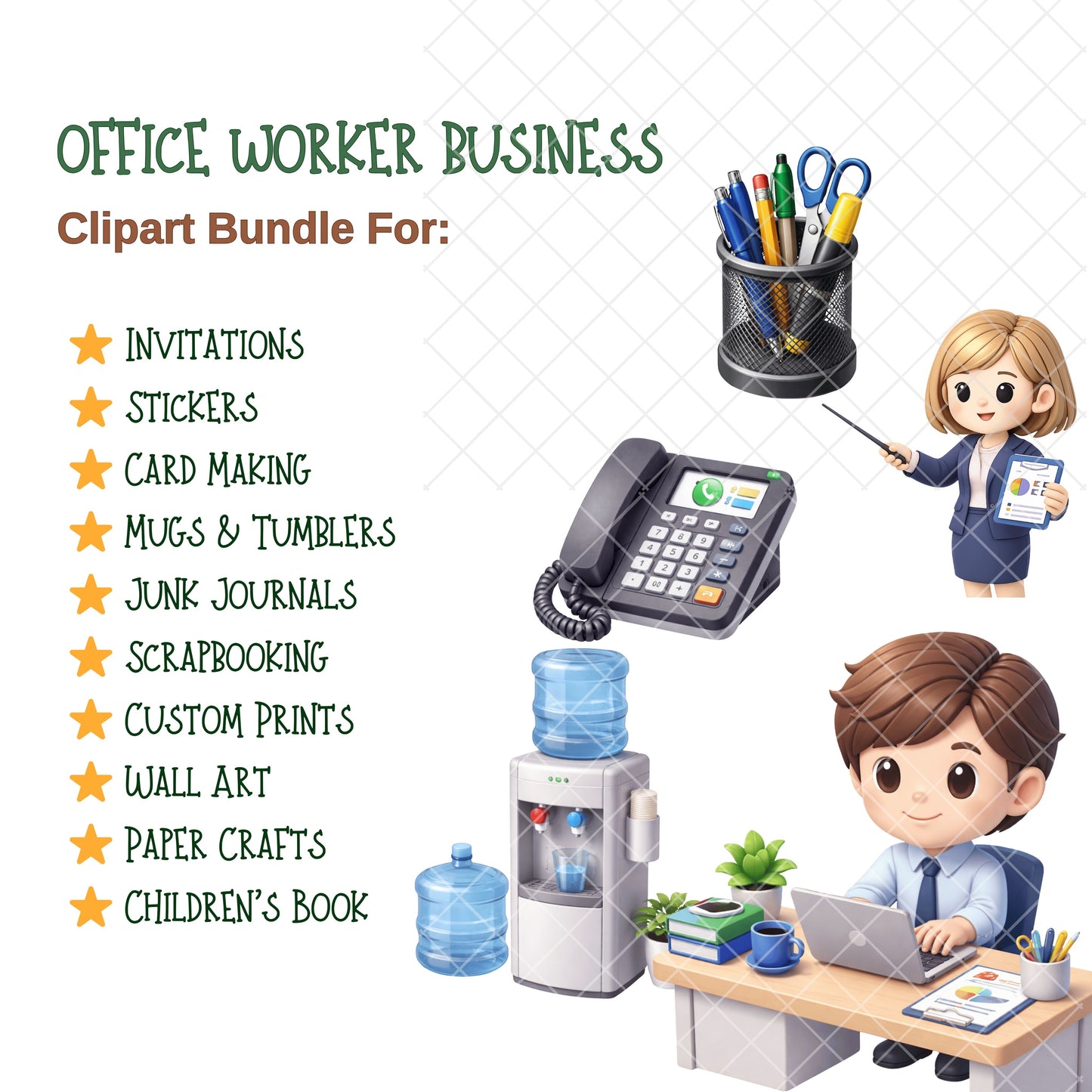 Office Worker PNG Clipart Bundle, Cute Business People & Office Supplies, Commercial Use Clipart, Digital Planner Graphics, 48 PNG