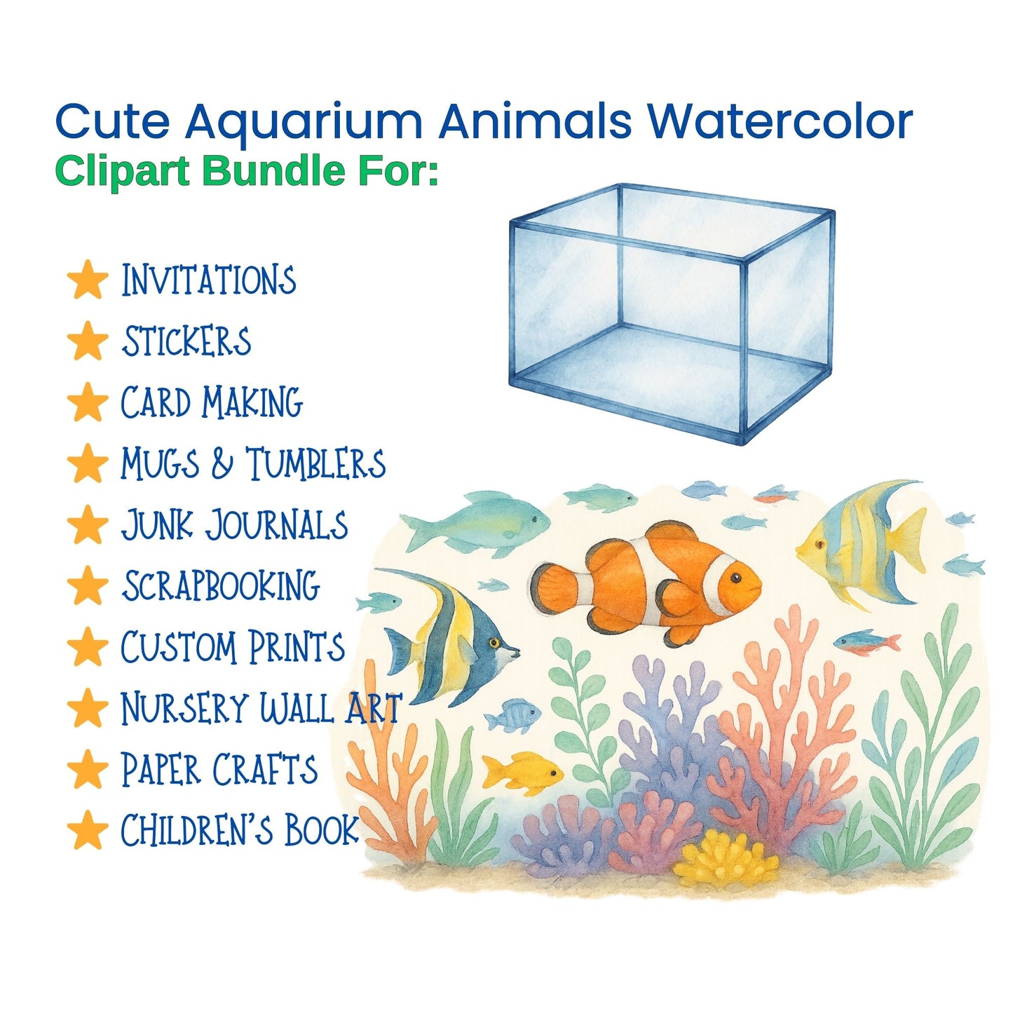 Watercolor Aquarium Clipart Bundle – Fish & Tank PNG, Under the Sea Animals, Kids Ocean Graphics, Educational Fish Art, 51 PNG