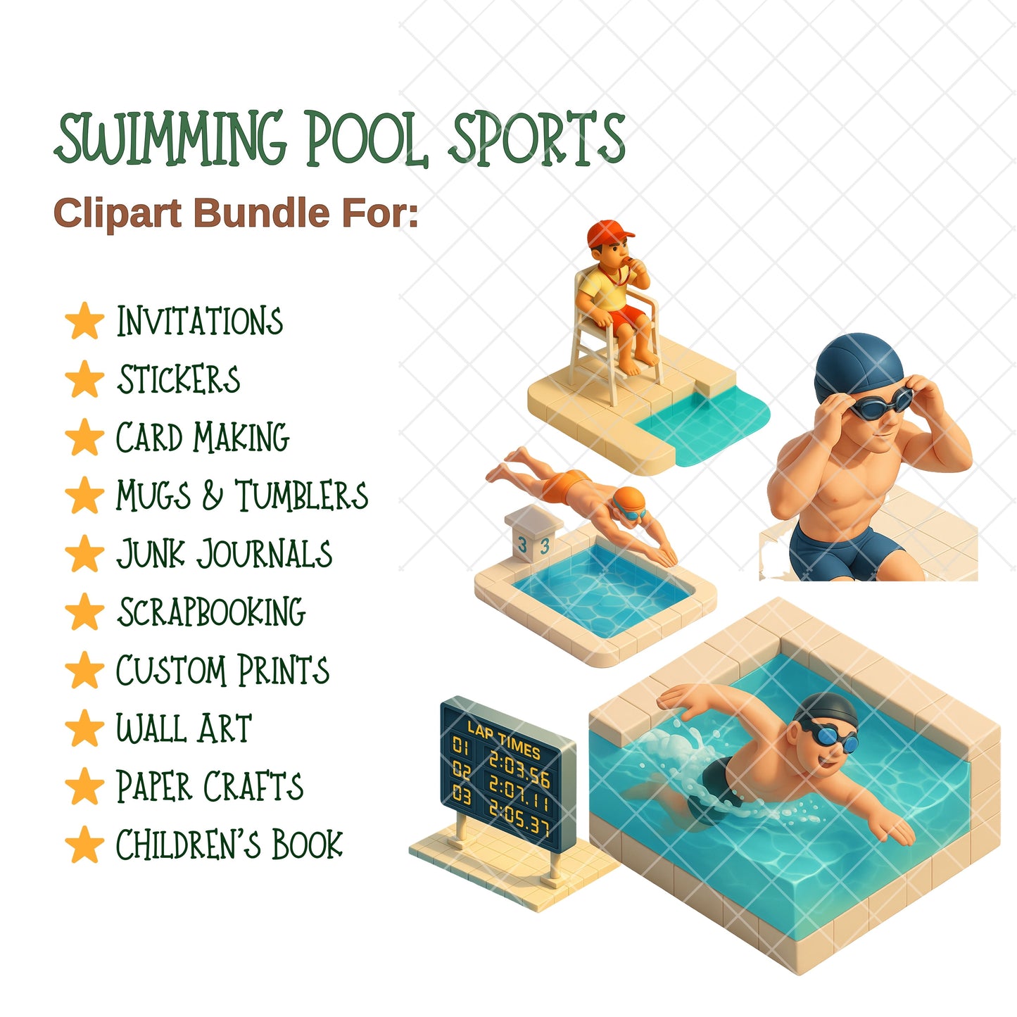 Swimming Pool Sports Clipart, Swim Team PNG Bundle, 3D Isometric Swimmers, Coaches & Gear, Summer Sports Graphics