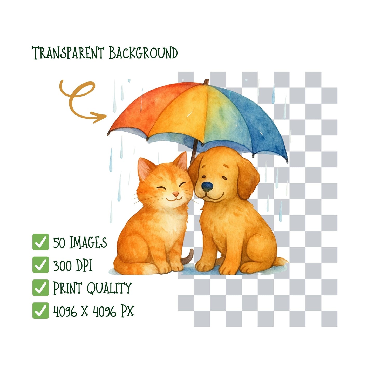 Rainy Day Animals Watercolor Clipart PNG – Cute Kids, Umbrellas, Rain Gear (50 PNG)