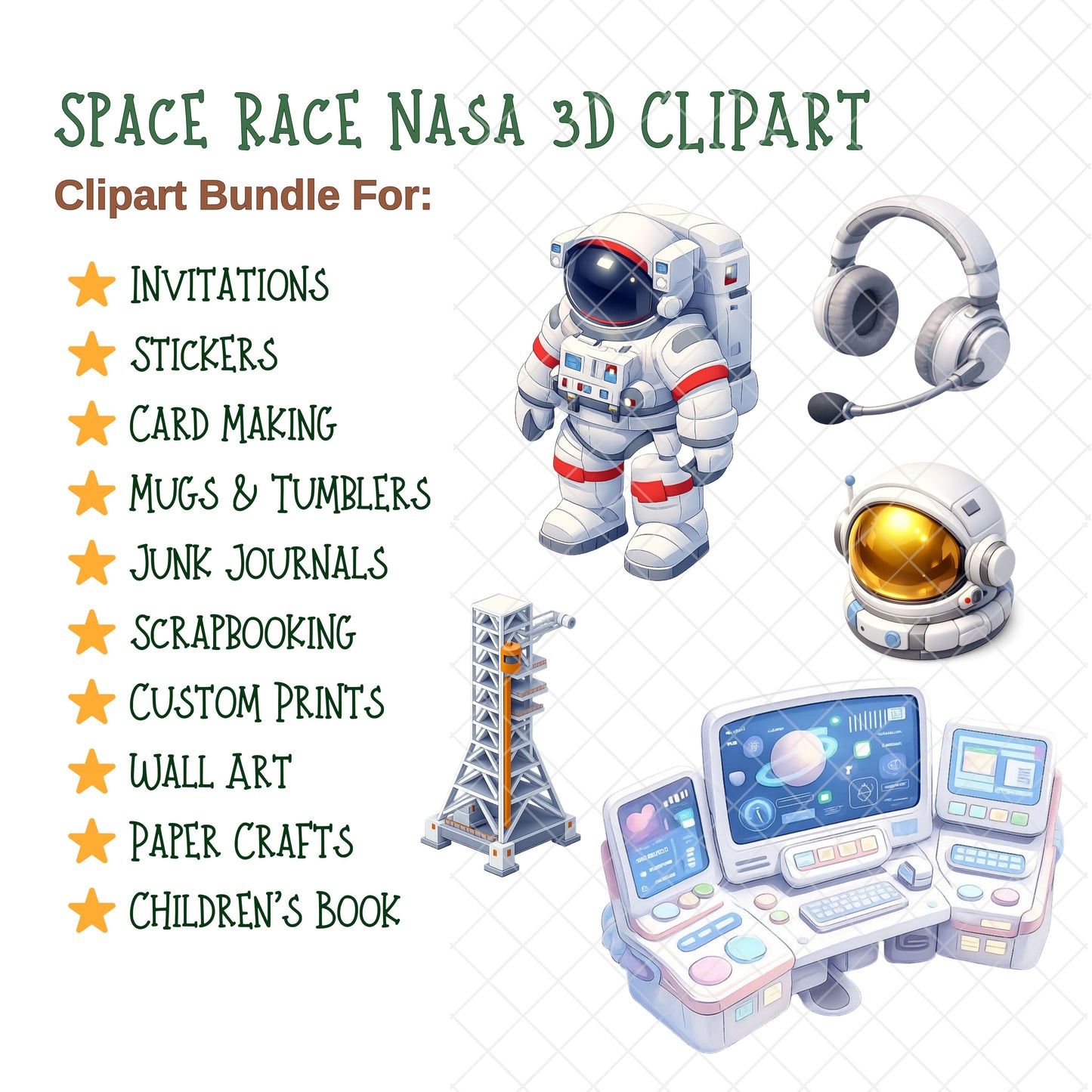 Space Race NASA Clipart Bundle | Astronaut Rocket PNG | Space Exploration 3D Clipart | STEM Science Classroom Decor | Moon Landing Space PNG | 53 Files