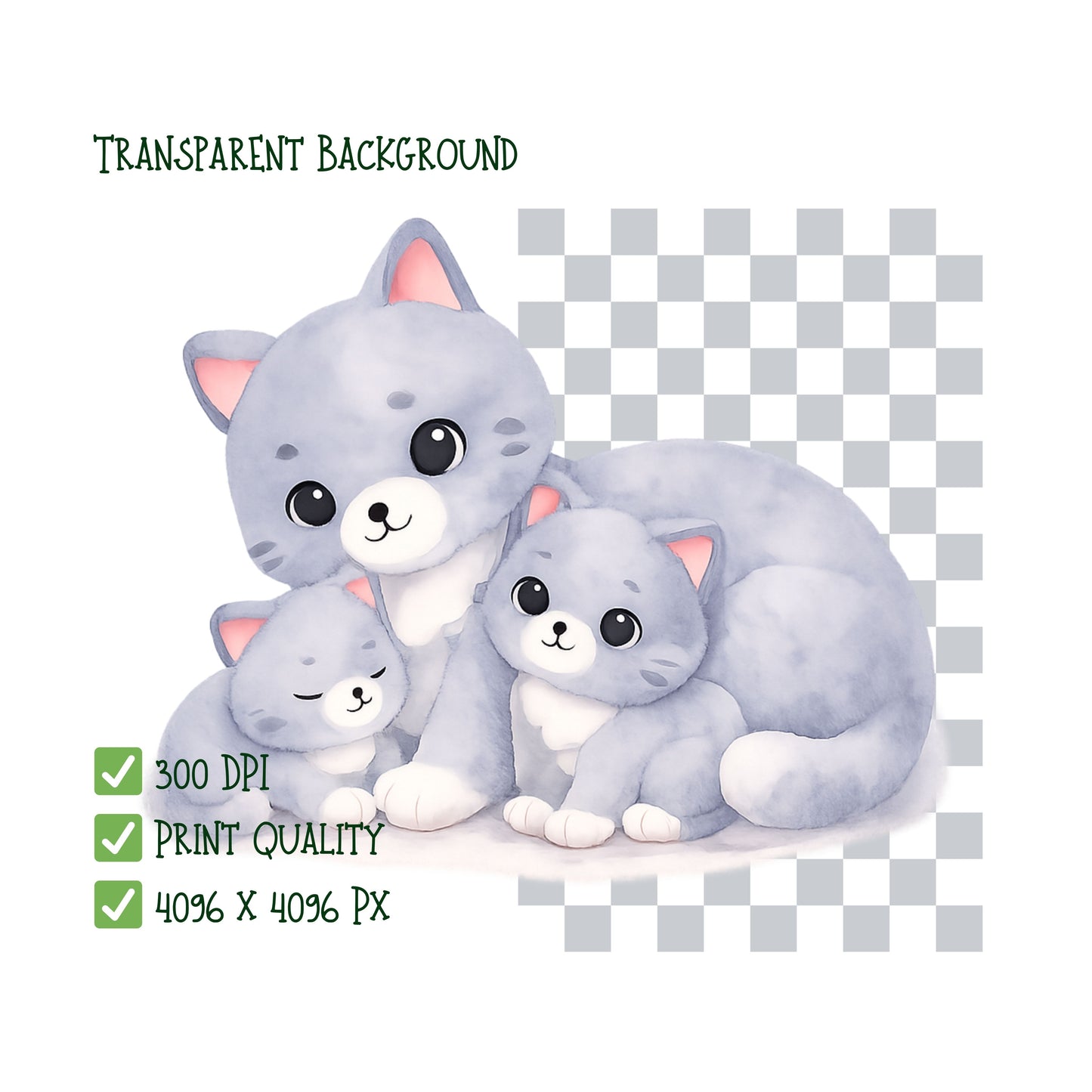 Cute Cat Watercolor Clipart PNG | Kawaii Kitten Pastel Art | Nursery & Planner Cats | Scrapbook Pet Graphics | Commercial Use