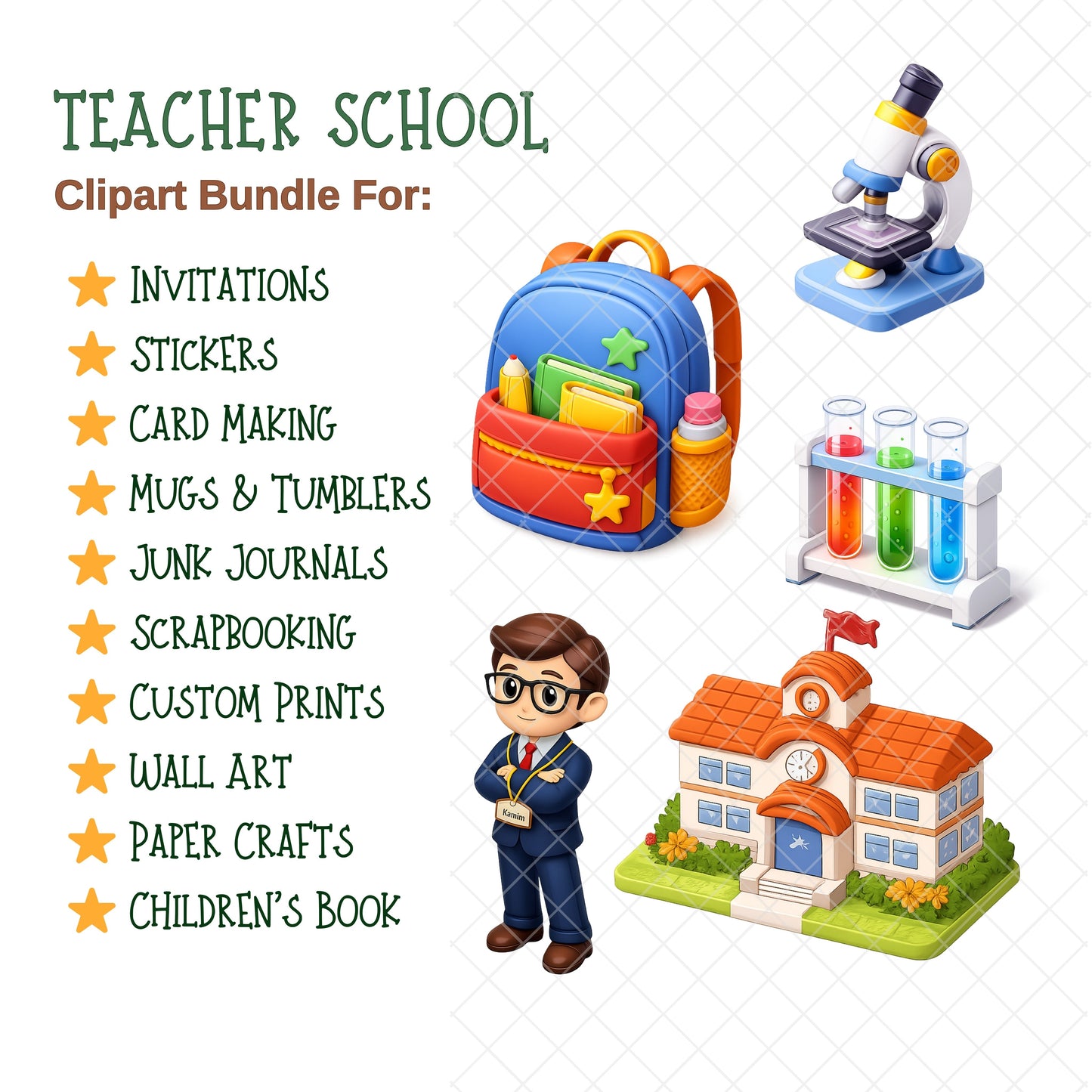 Teacher and School 3D PNG Clipart Bundle, Classroom Graphics, Students & Supplies, Back to School Art, Planner Stickers, Commercial Use, 49 PNG