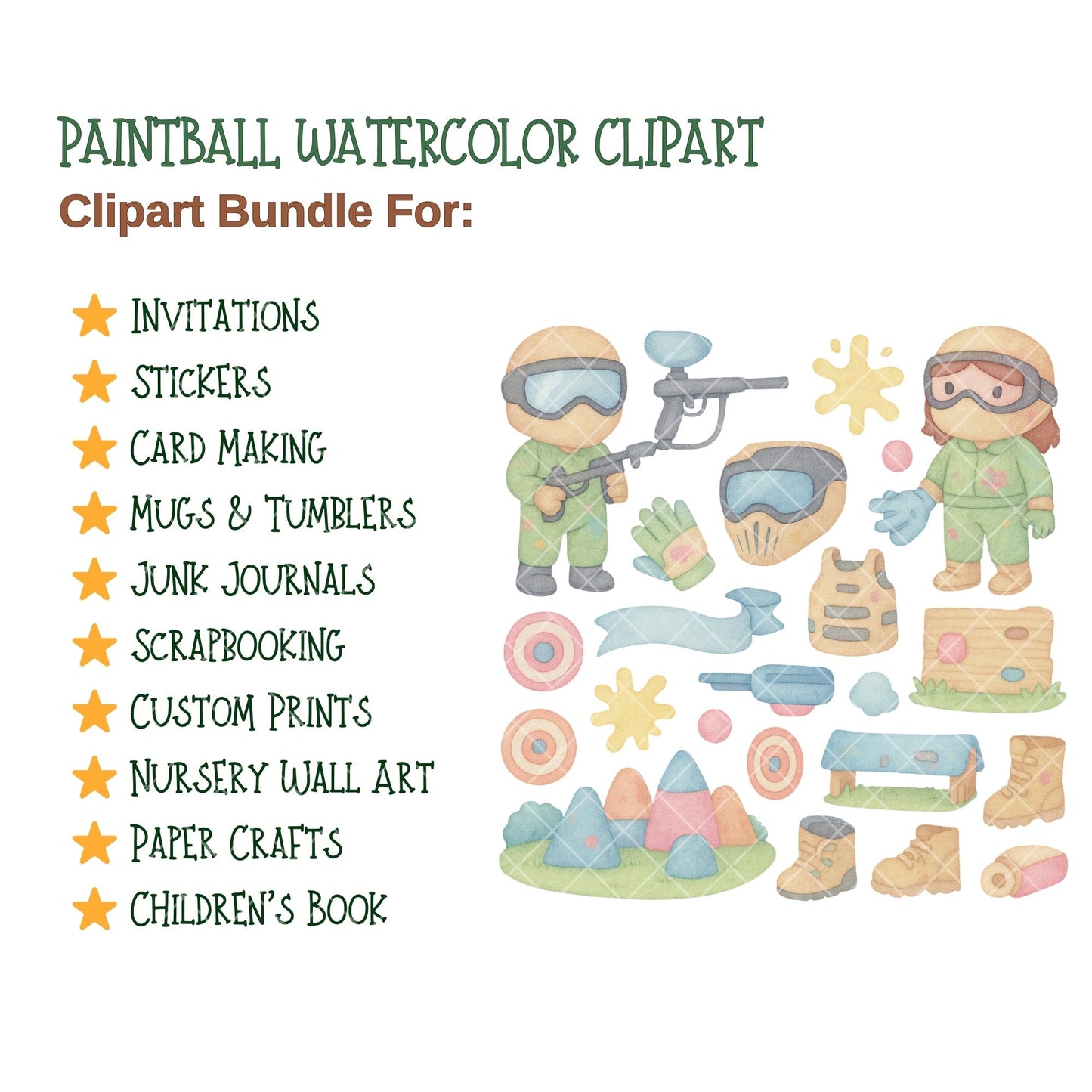 Paintball Watercolor Clipart, Kids Paintball PNG Bundle, Sports Party Graphics, Paintball Players & Gear