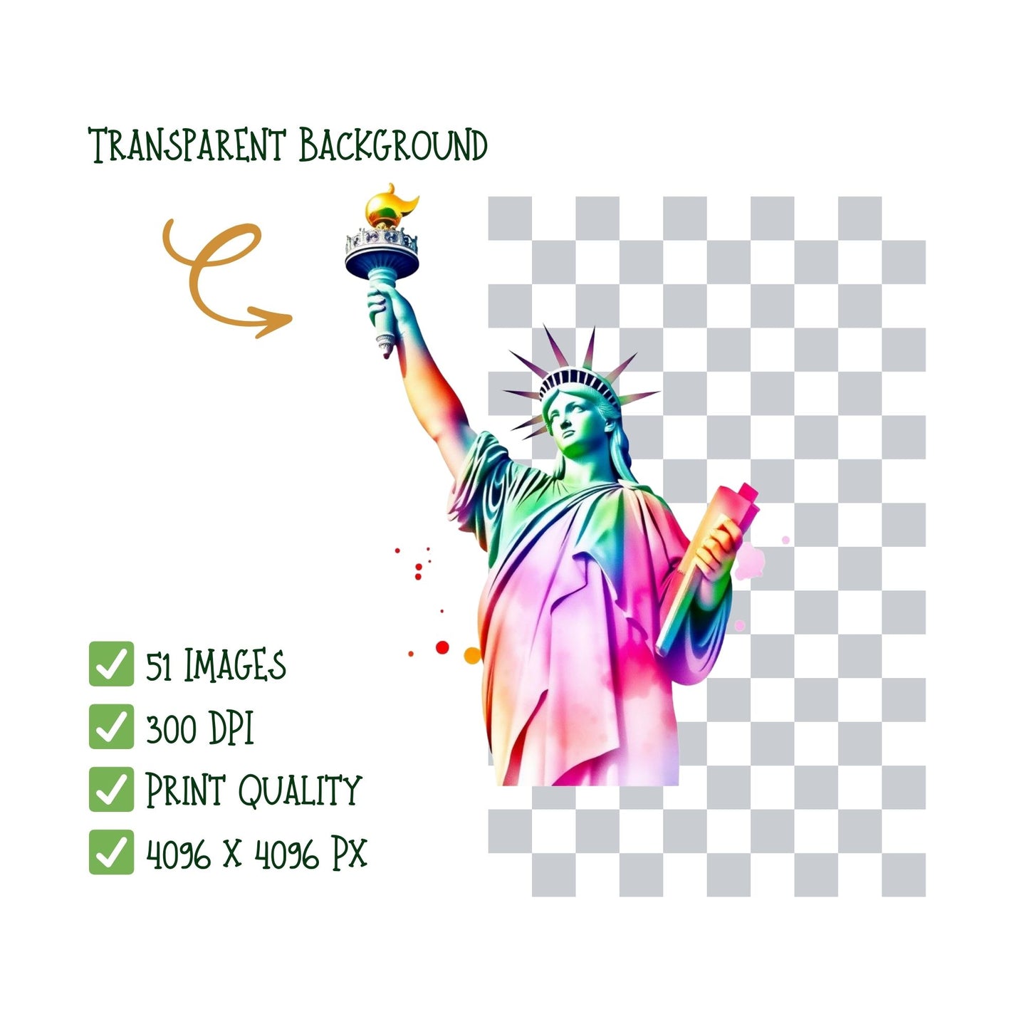 USA Watercolor Clipart PNG | Patriotic American Icons | Fourth of July Clipart | USA Culture Art | Commercial Use