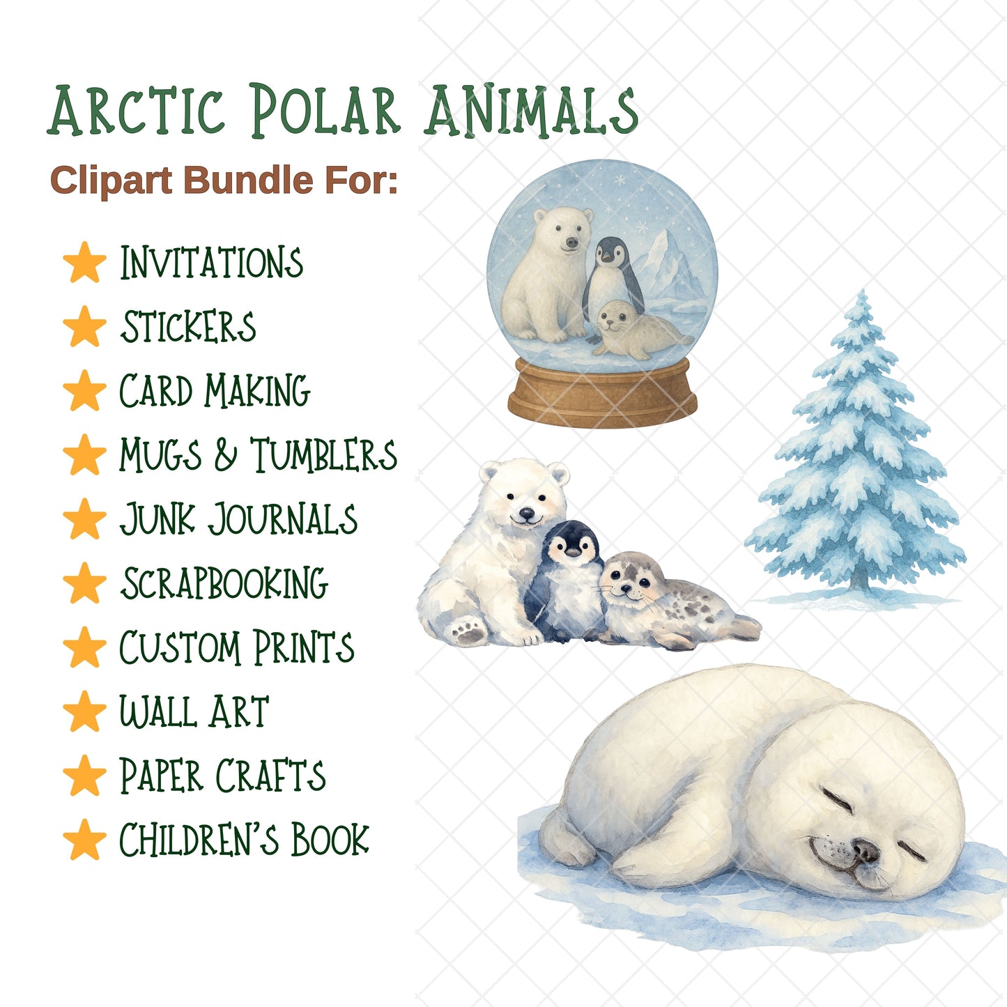 Arctic Polar Animals Watercolor Clipart Bundle – Polar Bear, Penguin & Winter Wildlife PNG, Classroom & Nursery Art, 50 PNG