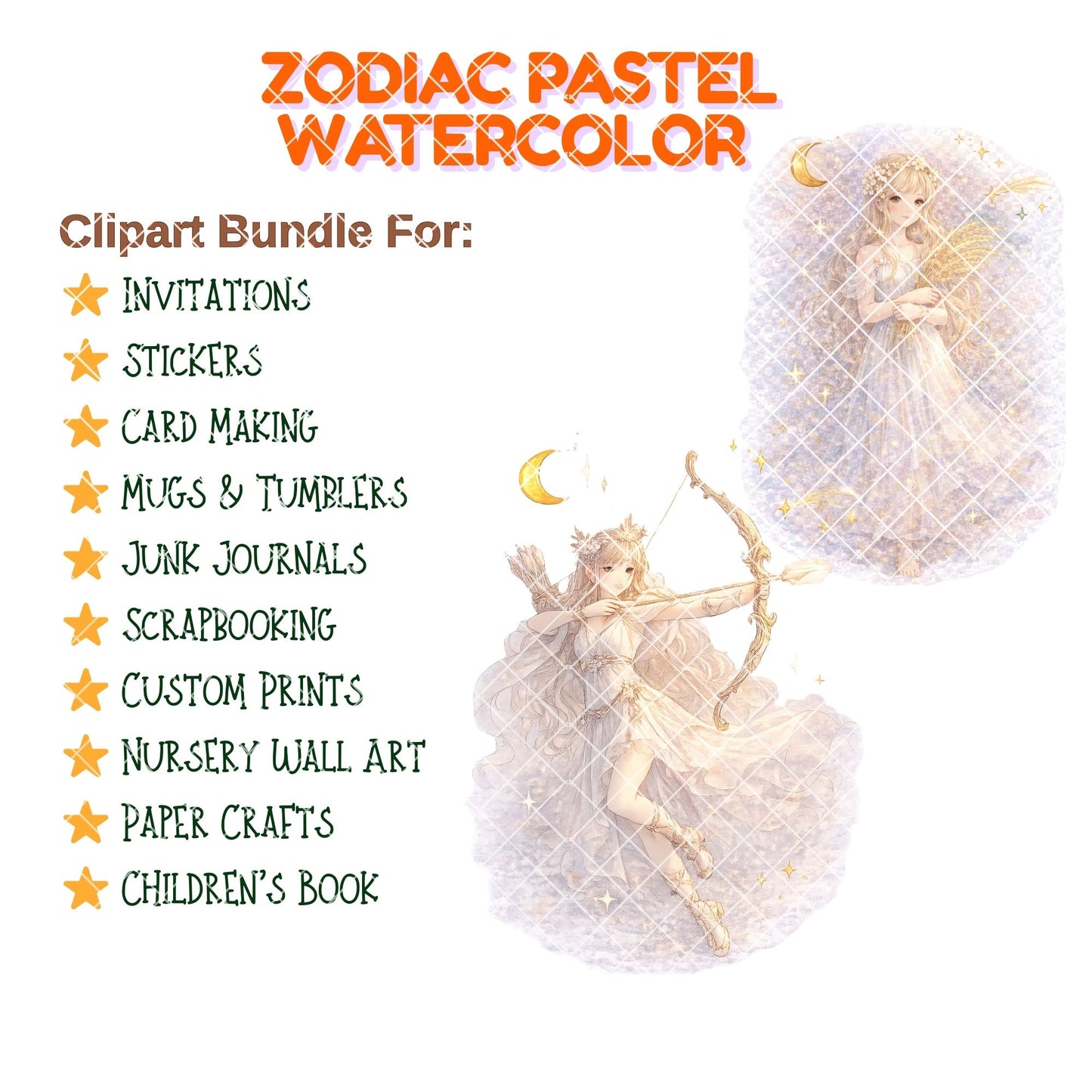 Zodiac Clipart – 55 Watercolor Astrology PNG Files – Horoscope Signs & Celestial Pastel Graphics