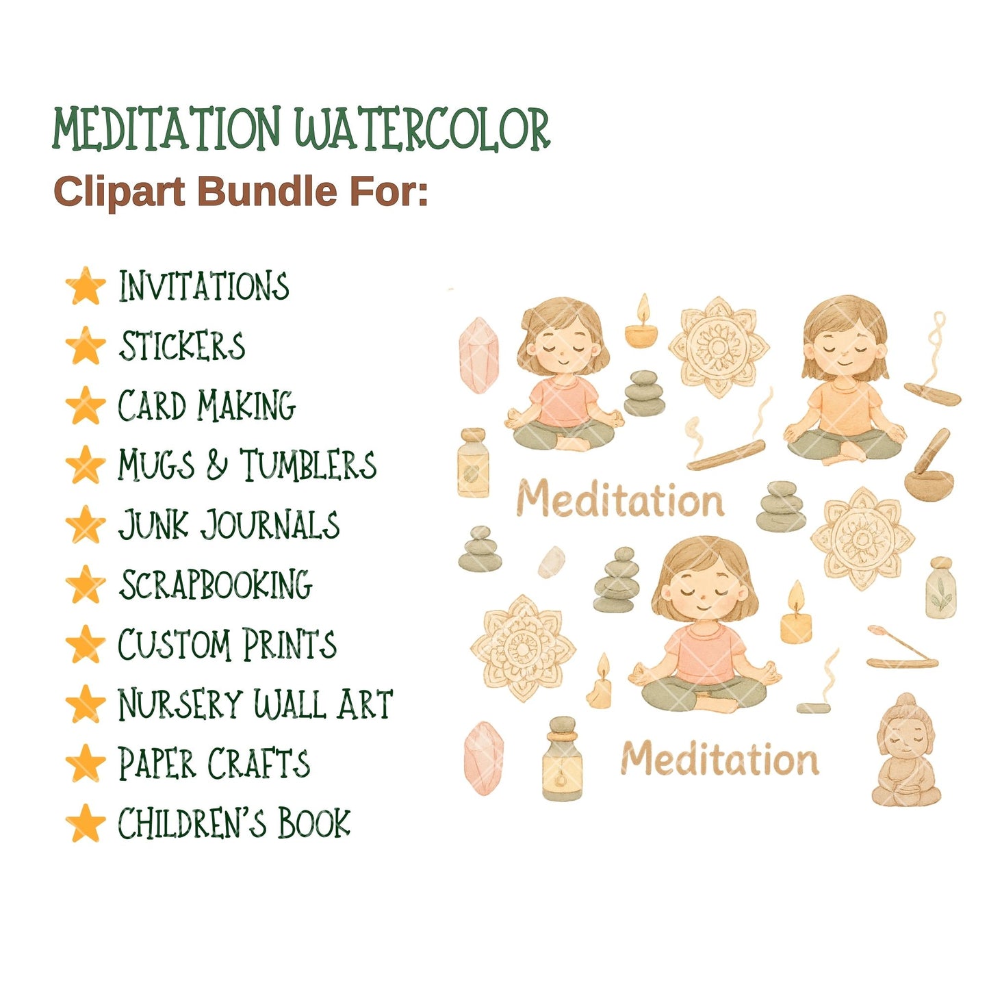 Meditation Watercolor Clipart, Mindfulness PNG Bundle, Yoga & Wellness Art, Calm Aesthetic Illustrations