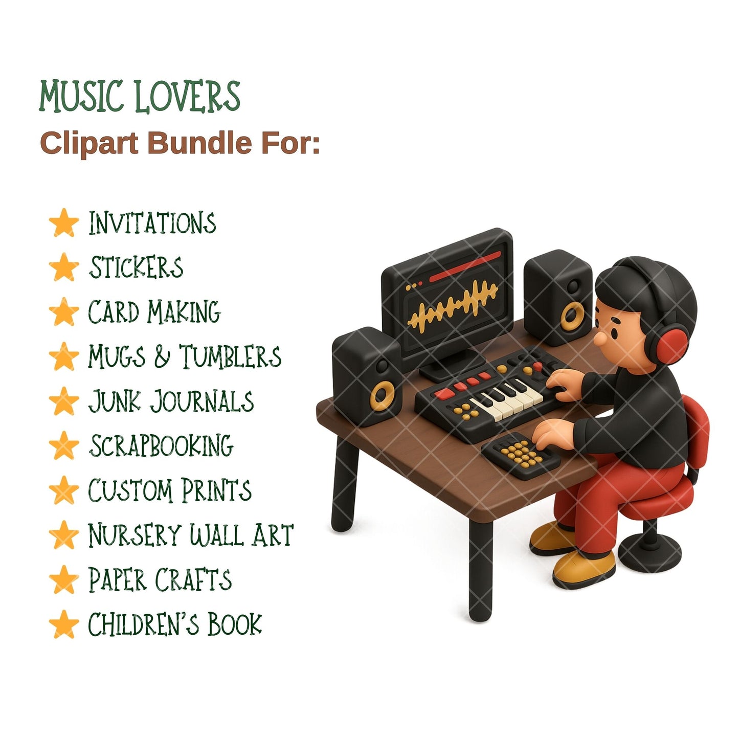 Music Clipart Bundle, 3D Isometric Music PNG, Instruments & Musicians, DJ Band Concert Graphics