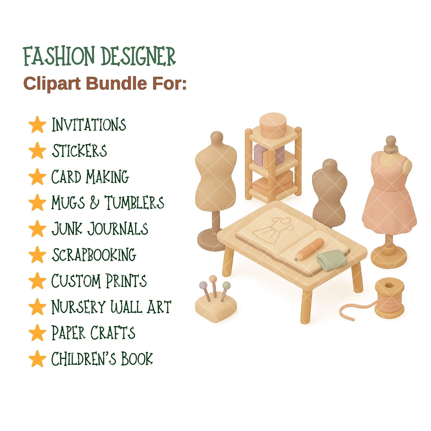 Fashion Designer Clipart Bundle, Sewing PNG Graphics, Tailor & Dressmaking Icons for Planners
