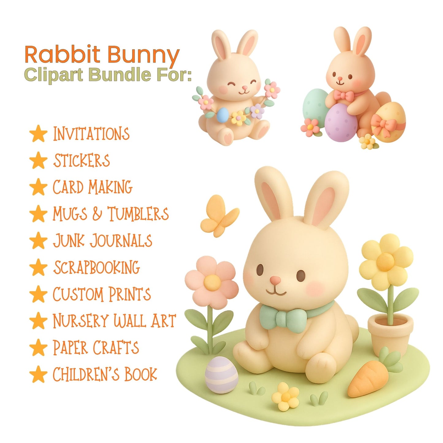 Pastel Easter Bunny Clipart Bundle – Kawaii Rabbit & Chick PNG, Cute Spring Animals, 3D Bunny Clipart, 51 PNG