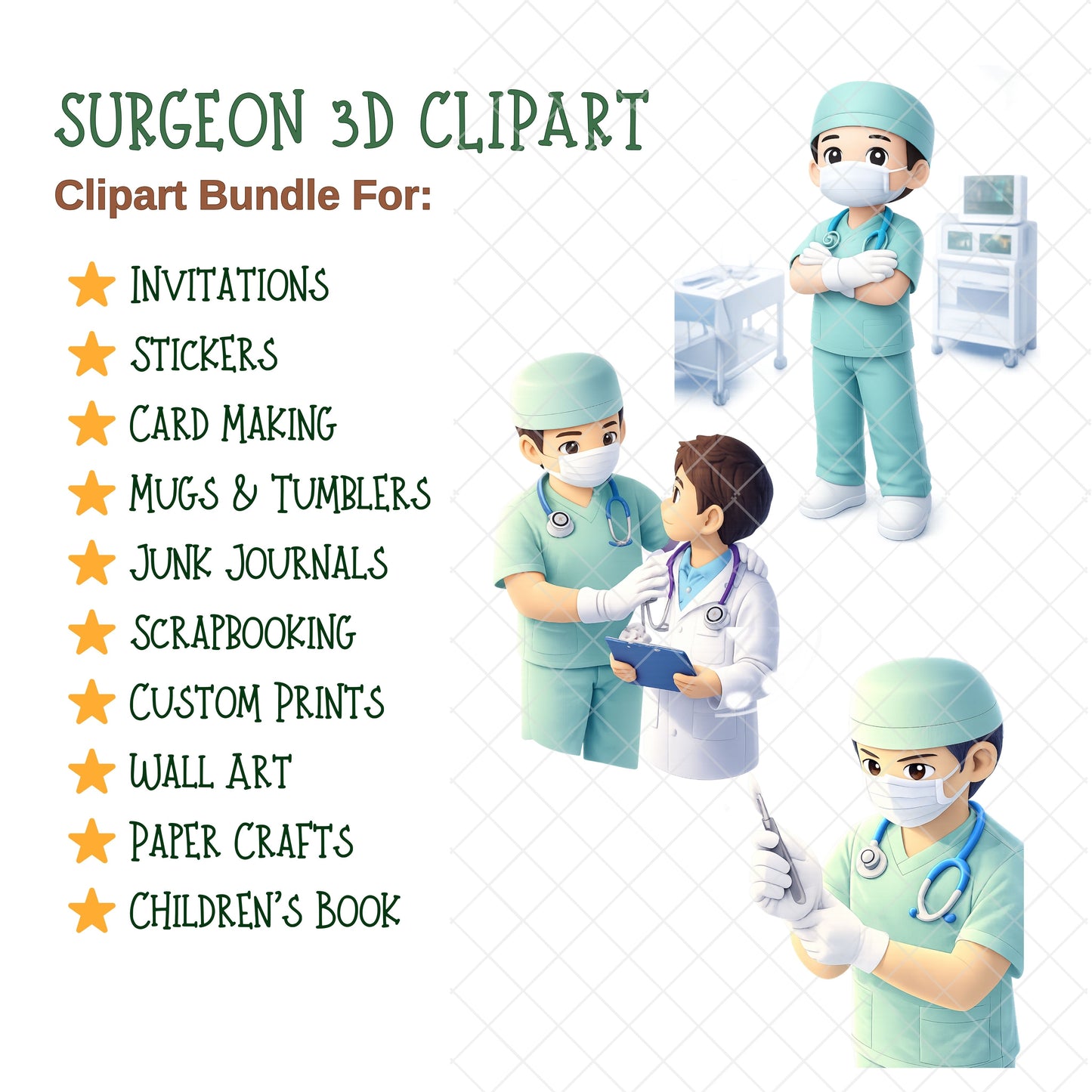 Surgeon 3D Clipart Bundle – Surgery Scenes, Medical Tools & Hospital PNG, Healthcare Education Graphics, Professional Cartoon Art, 58 PNG