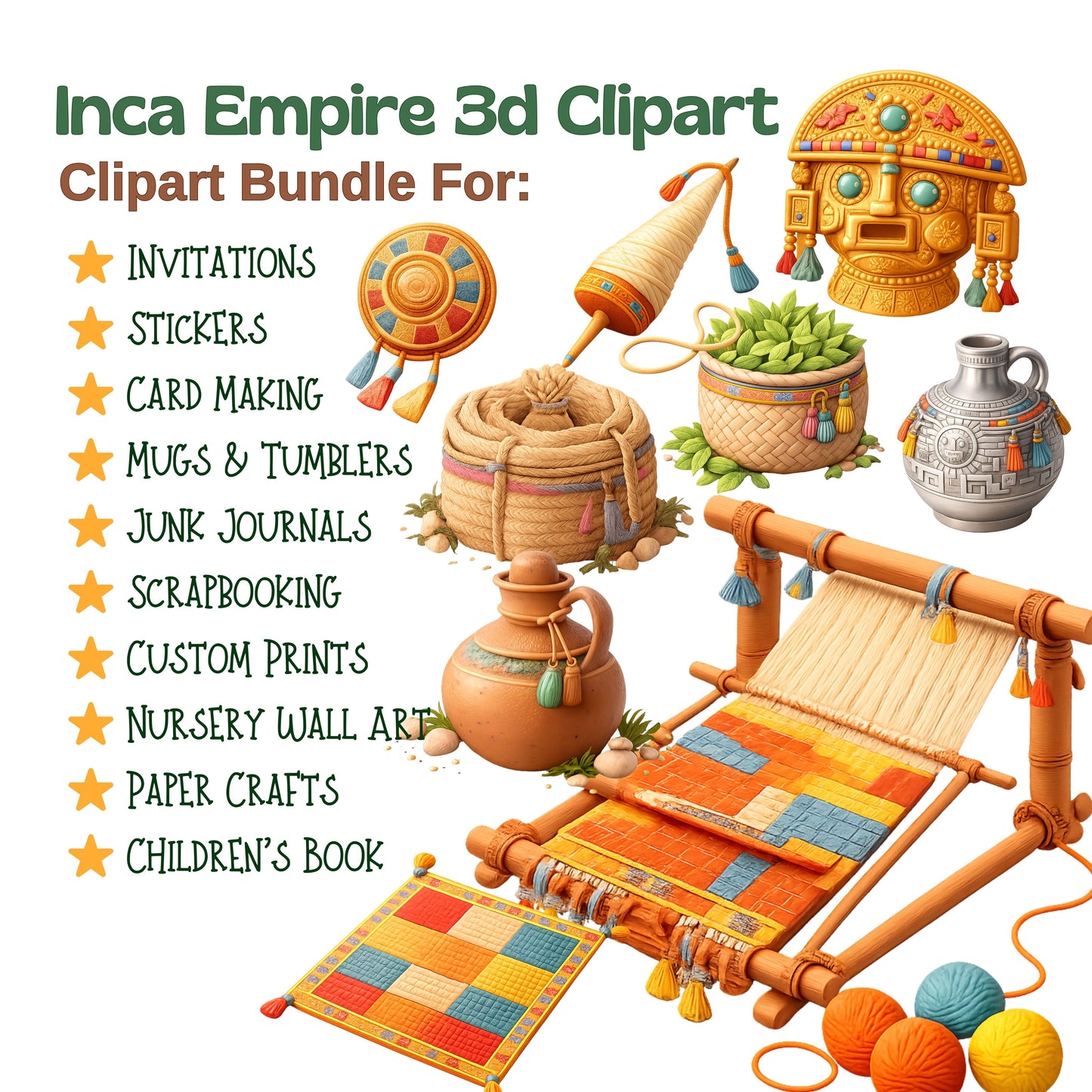 Inca Empire Clipart Bundle – 55 Ancient History 3D PNG Files for Classroom, Crafts & Education