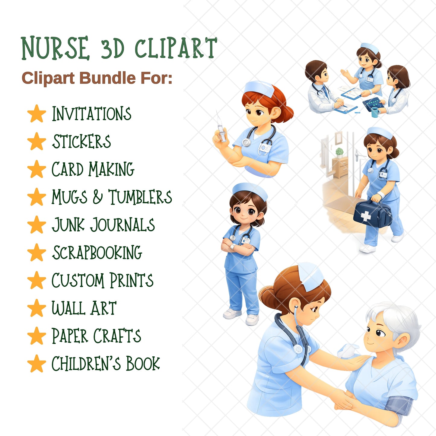 Nurse 3D Clipart Bundle – Medical Staff & Healthcare Scenes PNG, Nurse Characters, Hospital Tools, Appreciation & Education Art, 55 PNG
