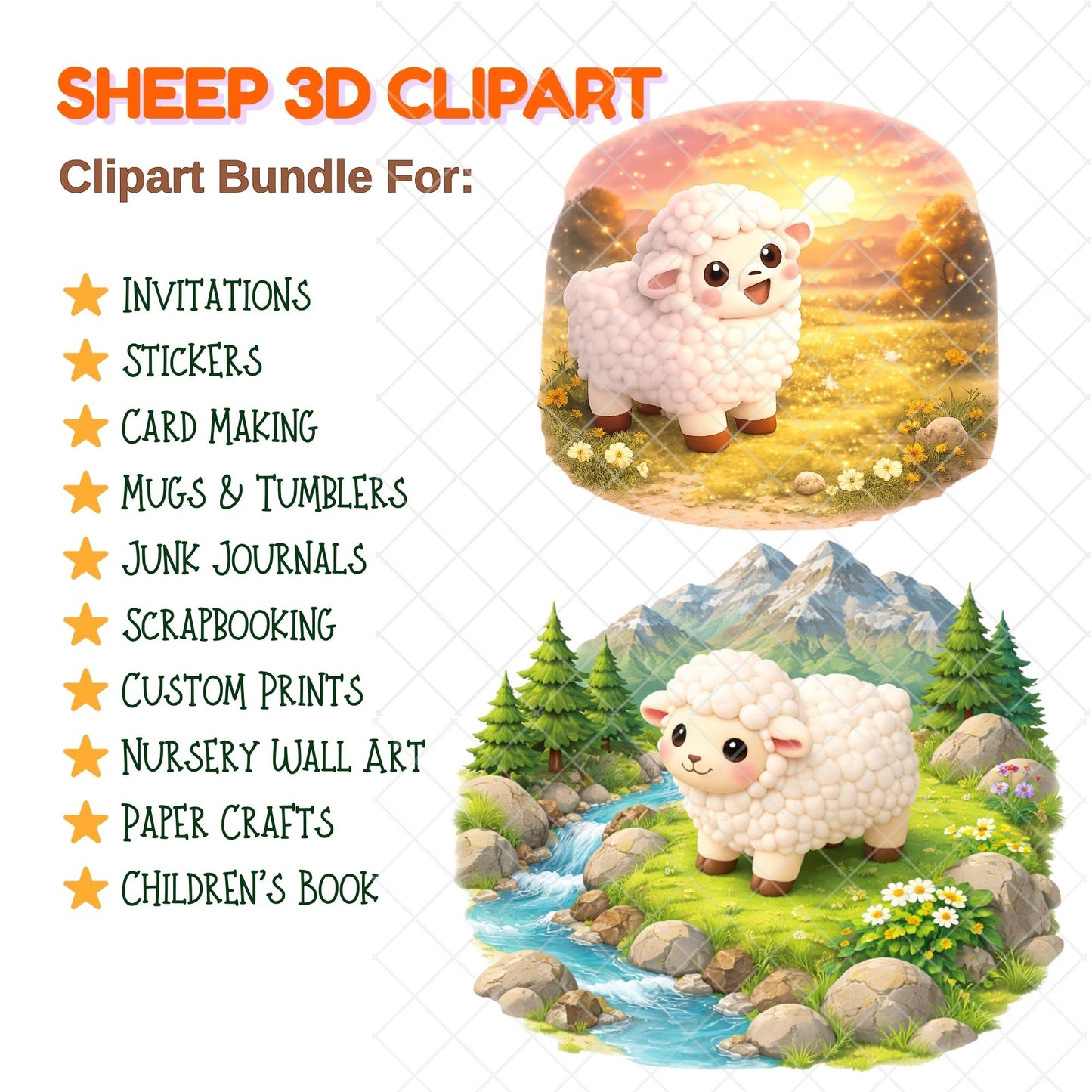 Cute Sheep 3D Clipart – 41 Lamb PNG Files – Farm Nursery Animal Graphics for Baby Shower & Sublimation