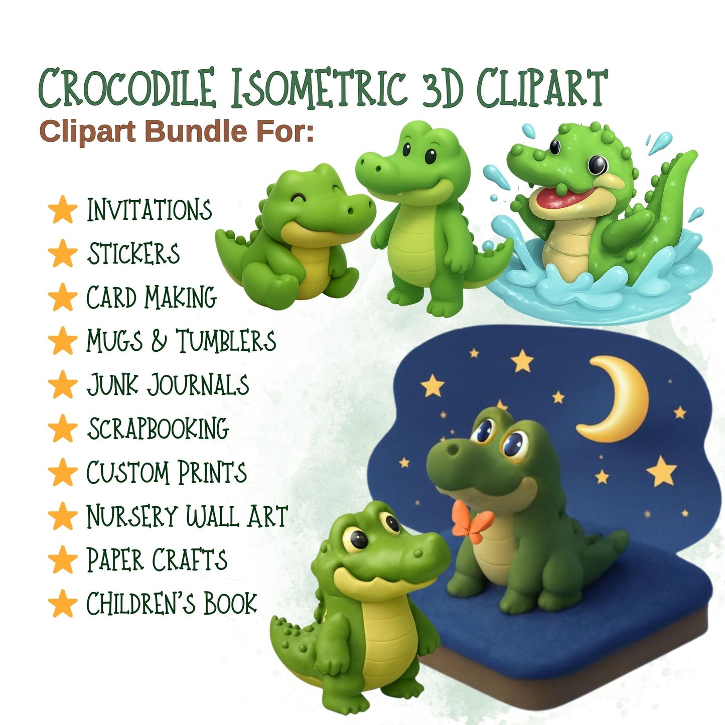 Cute Crocodile 3D Clipart Set – Jungle Animal PNG for Kids & Nursery (44 Files)