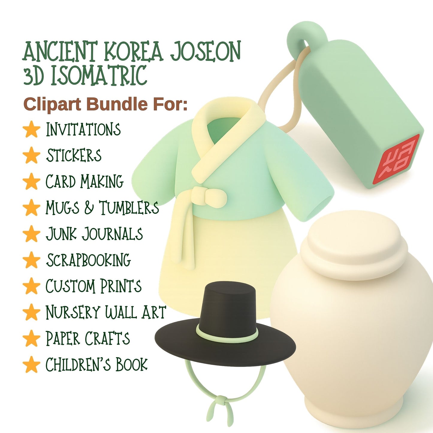 Ancient Korea Joseon 3D Clipart – Korean History & Culture PNG Set (56 Files)