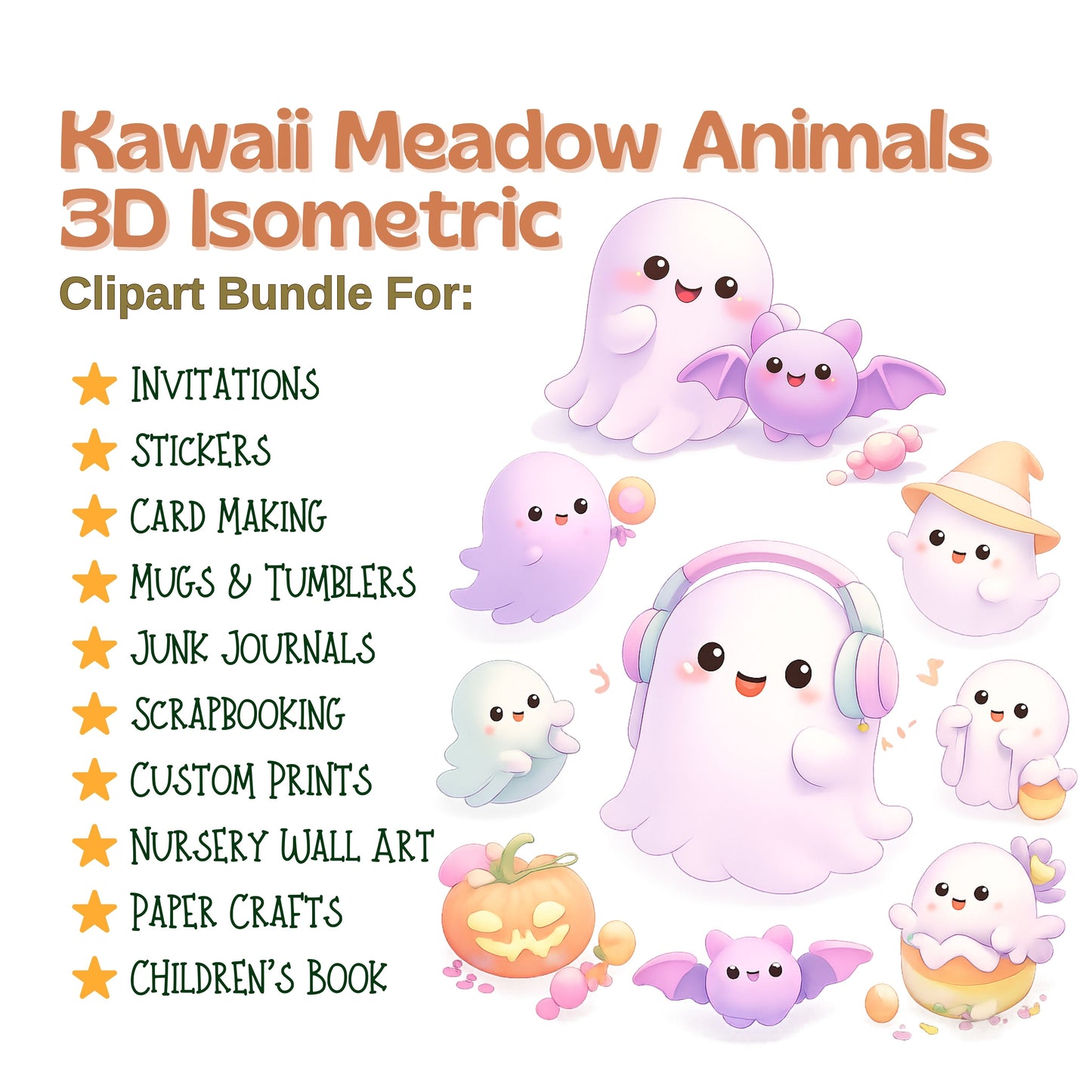 Kawaii Ghost Halloween Clipart Bundle – Cute 3D Isometric Ghost PNG, Pastel Halloween Elements, Candy & Pumpkins, 50 PNG