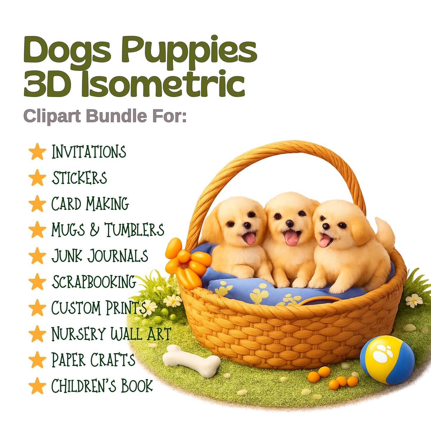 Cute Dog Clipart Bundle – 3D Isometric Puppy PNG, Cartoon Dogs & Pets, Kids Animal Graphics, Digital Download, 50 PNG