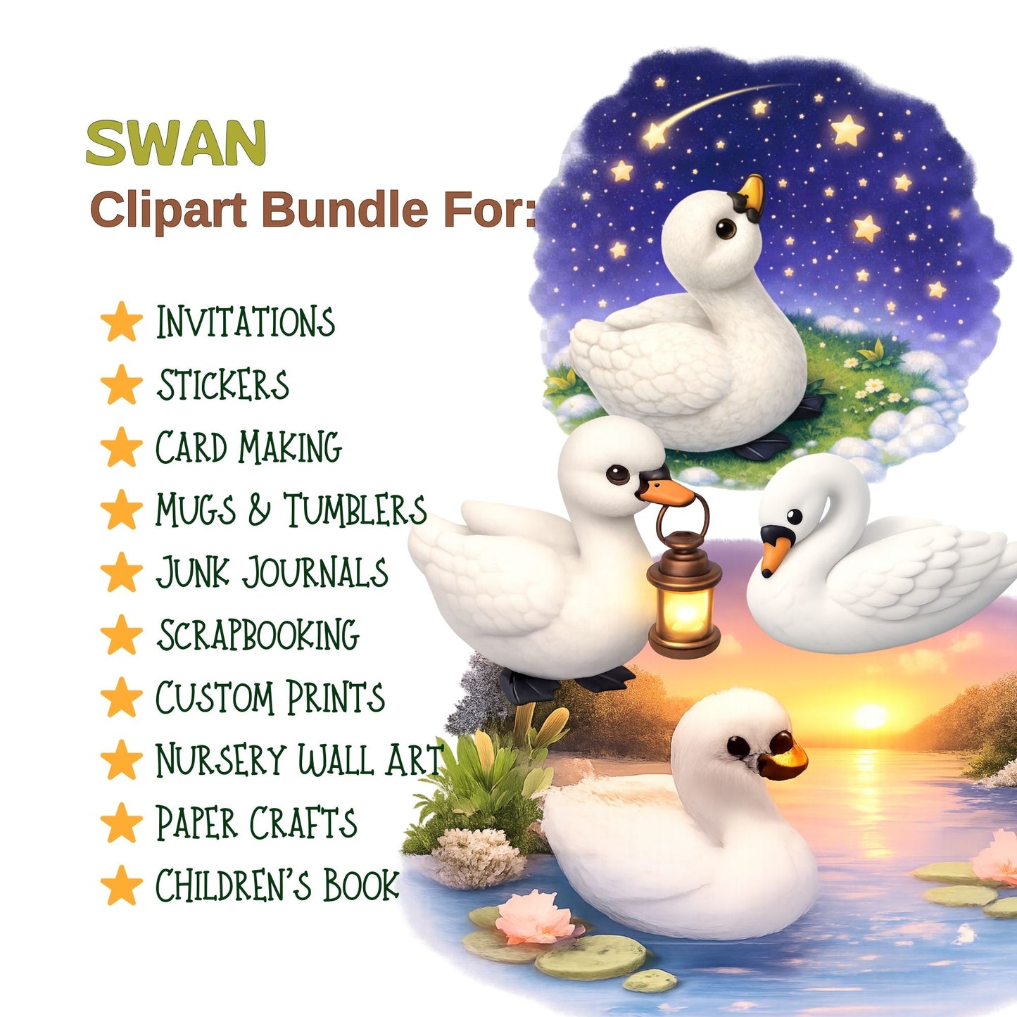 Swan Clipart Bundle – 3D Isometric PNG Graphics (40 Files) – Cute Swans & Ducklings, Nursery Art, Sublimation Design