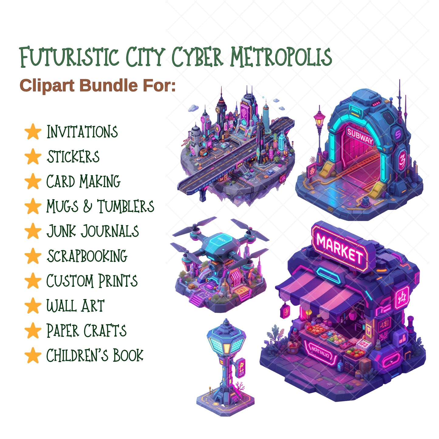 Cyberpunk City PNG Bundle – 60 Neon Sci-Fi Metropolis Clipart for Game Design & Digital Art
