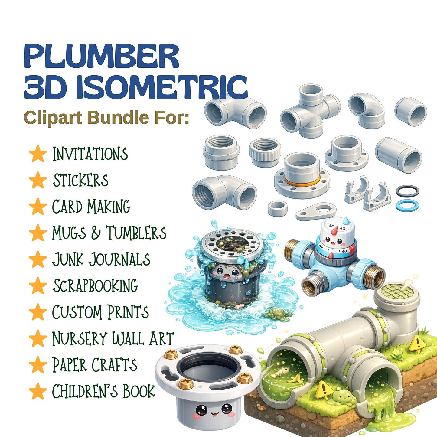 Plumber Clipart Bundle – 3D Isometric Plumbing PNGs (49 Files) – Repair Tools, Pipes & Contractor Graphics