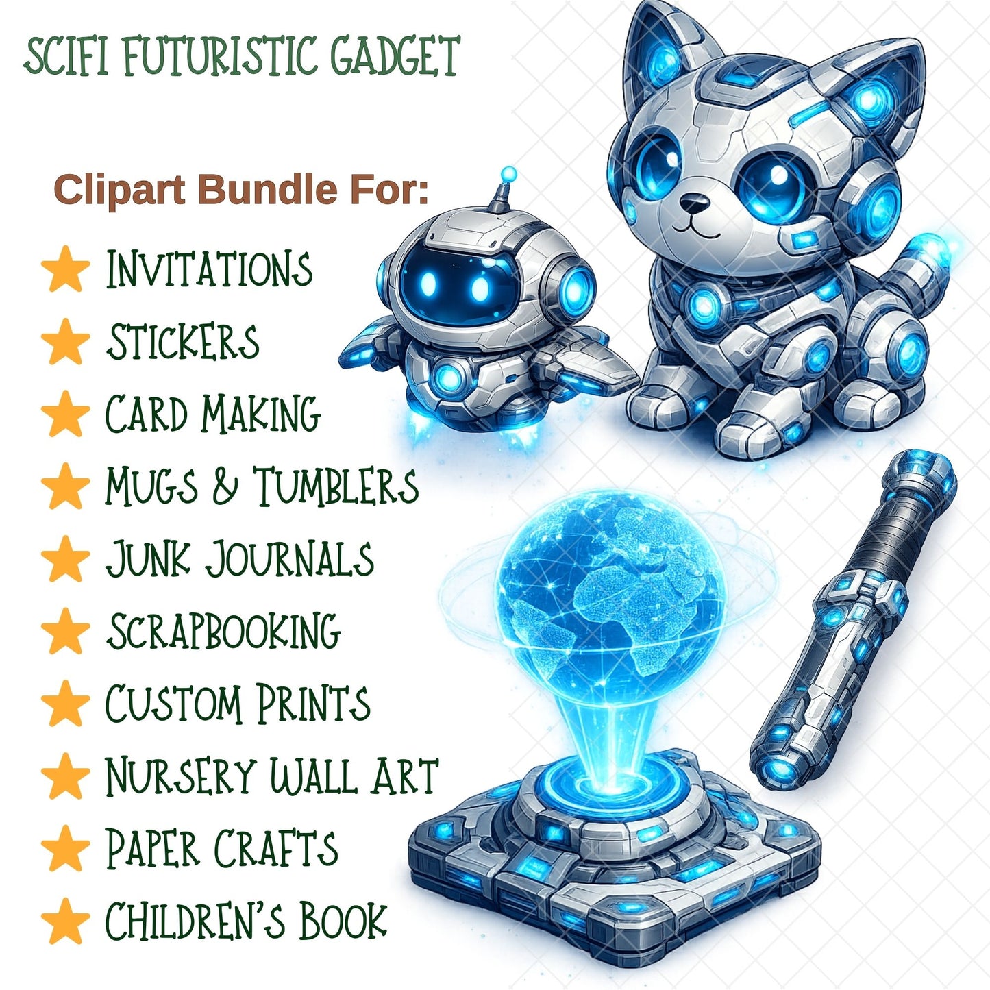 Sci-Fi Gadgets 3D Clipart PNG Bundle – 50 Futuristic Robots, Drones & AI Tech Graphics for Games