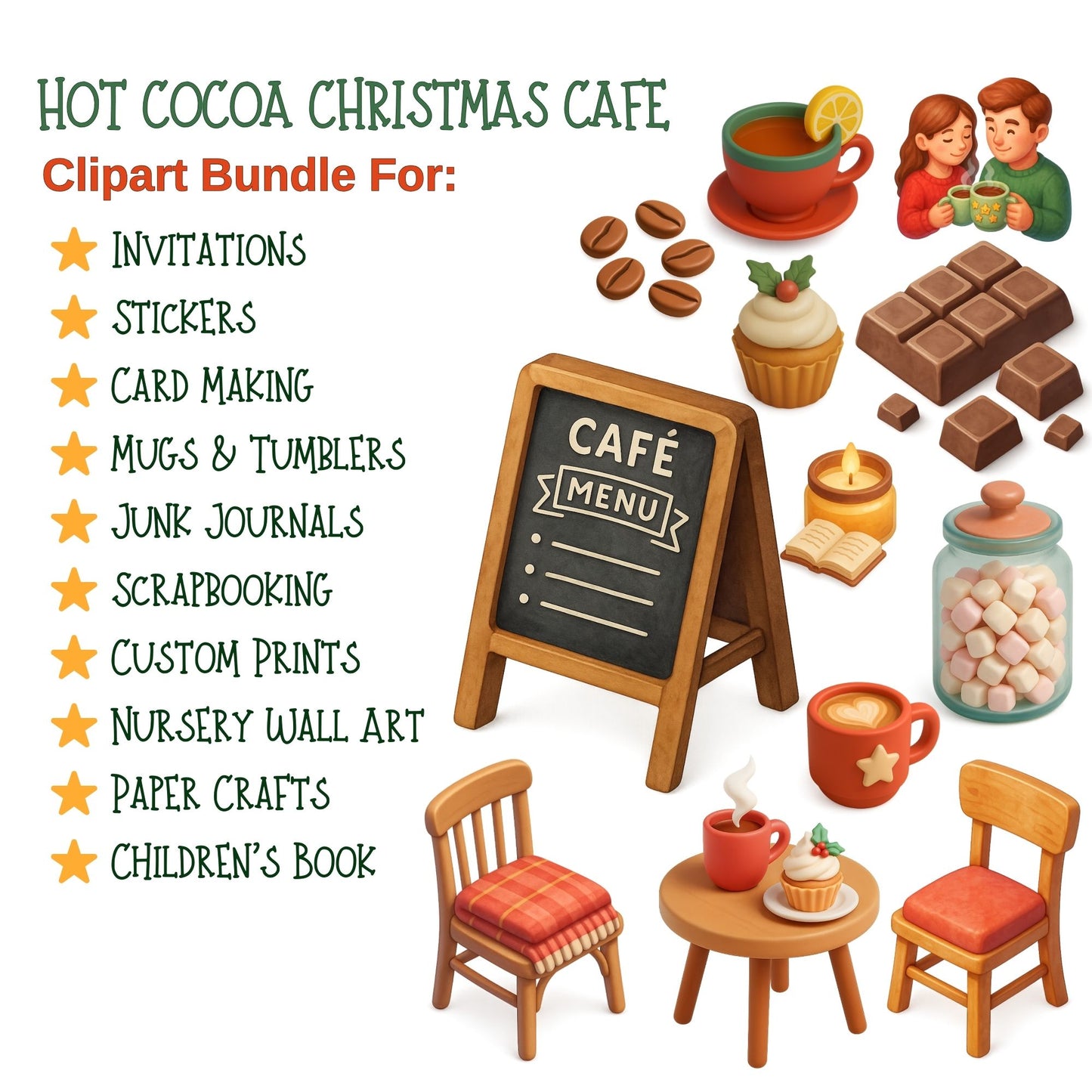Christmas Café Clipart – 56 Cozy Holiday PNGs | Hot Cocoa, Cookies, Winter Coffee Shop Art