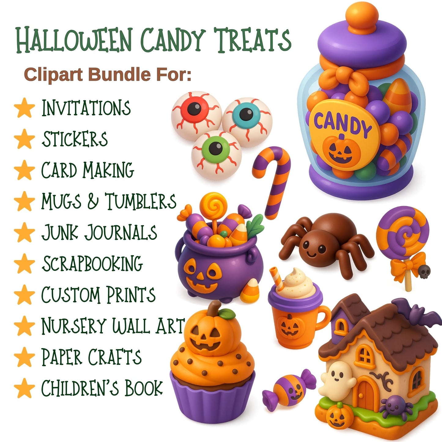 Halloween Candy Clipart Set – Cute 3D Spooky Treats PNG | Candy Corn, Cupcakes, Stickers & Party Decor