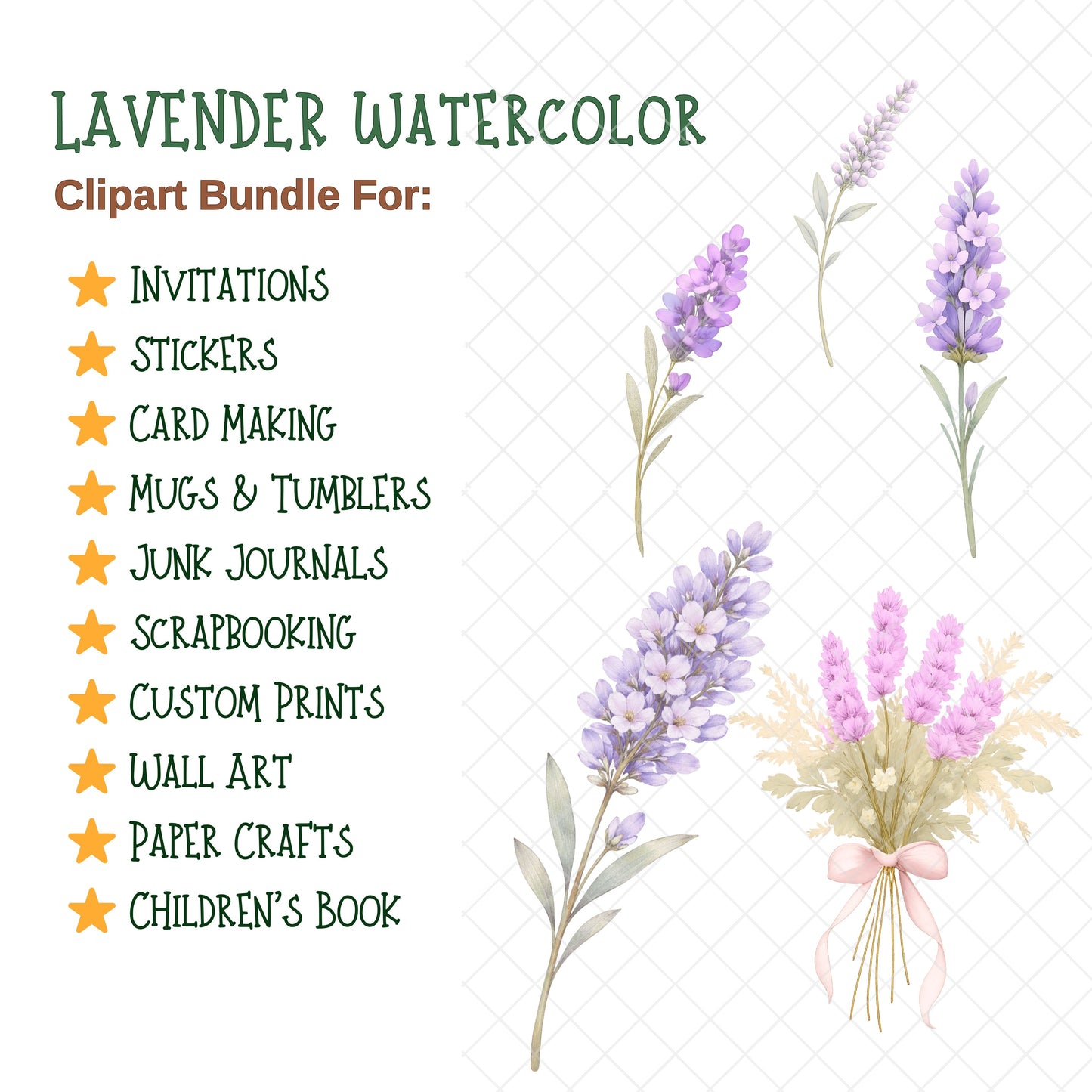 Lavender Watercolor Clipart – Purple Floral PNG Bundle (53 Files) – Wedding Invitations, Planner Stickers & Branding Graphic