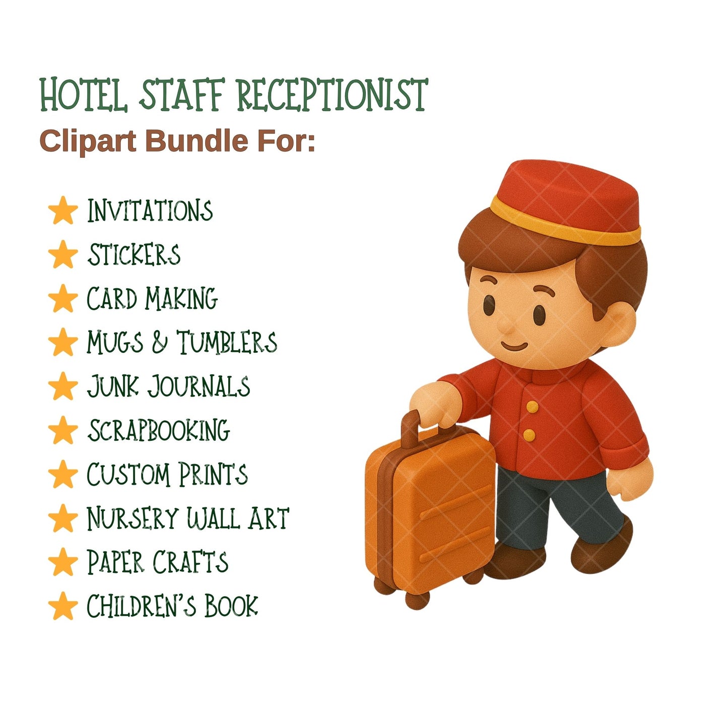 Hotel Staff Clipart Bundle, Hospitality PNG Icons, Receptionist Concierge Bellhop Graphics for Planners