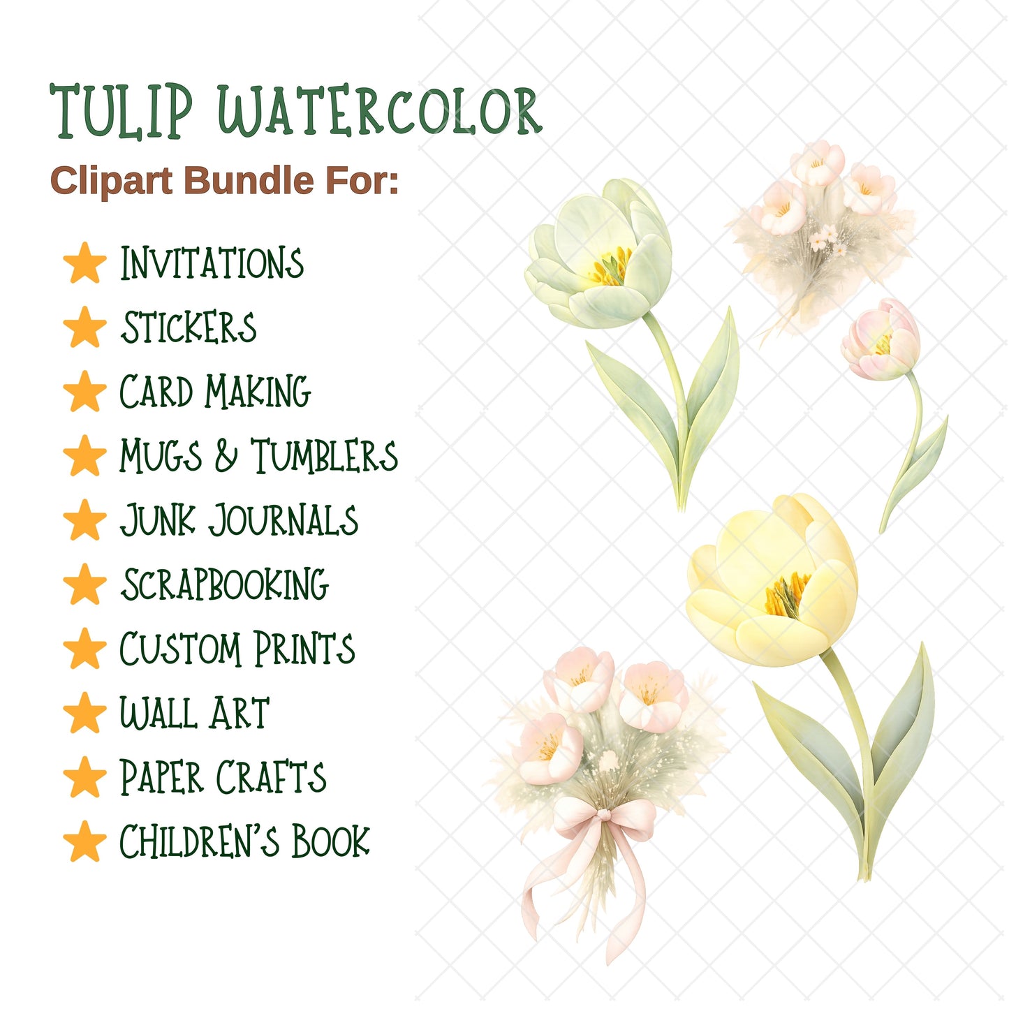 Tulip Watercolor Clipart – Pastel Spring Flower PNG Bundle (52 Files) – Wedding, Easter & Invitation Floral Graphics