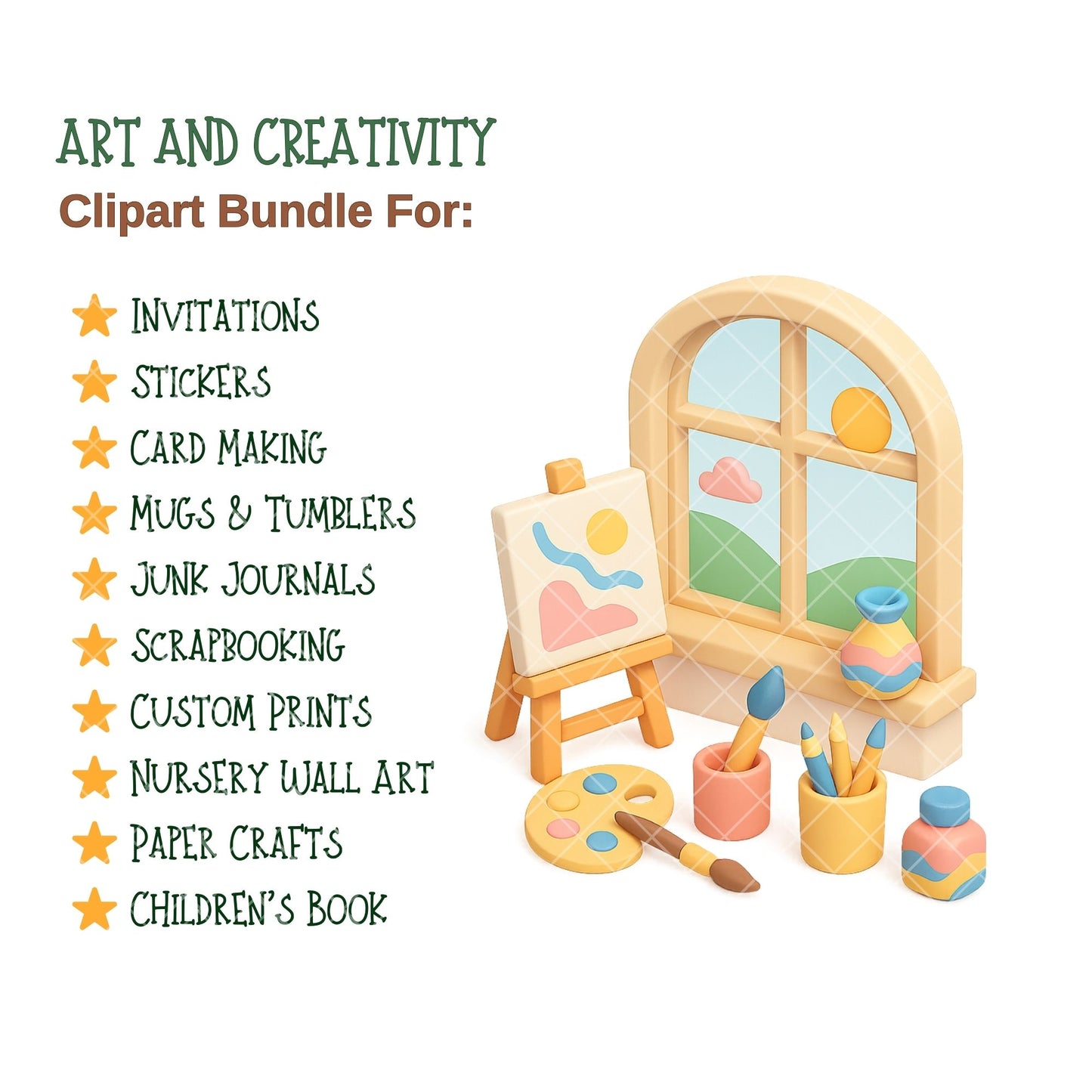3D Isometric Art Class Clipart, Art Supplies PNG Bundle, Creative Classroom Graphics, Kids Art School Clipart