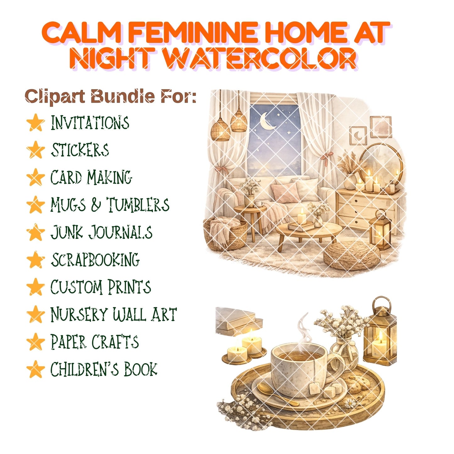 Cozy Feminine Home Clipart – 54 Watercolor Bedroom PNG Files – Night Routine, Candles & Aesthetic Room Decor