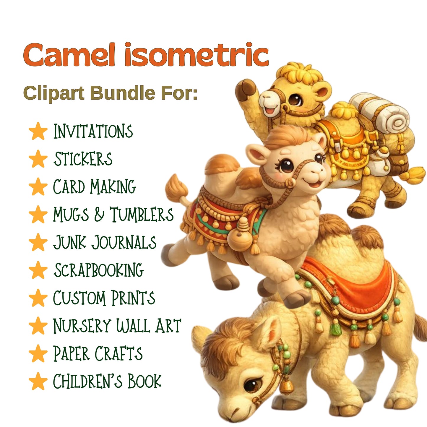 Camel Clipart Bundle – 3D Isometric PNGs (43 Files) – Cute Desert Camel Graphics, Kids & Safari Design