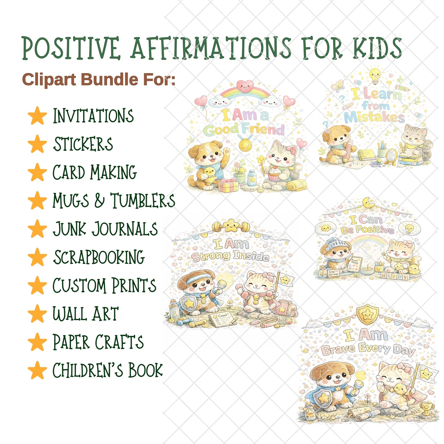 Positive Affirmations Clipart PNG Bundle – 55 Kids Growth Mindset Quotes with Cute Animal Watercolor Art